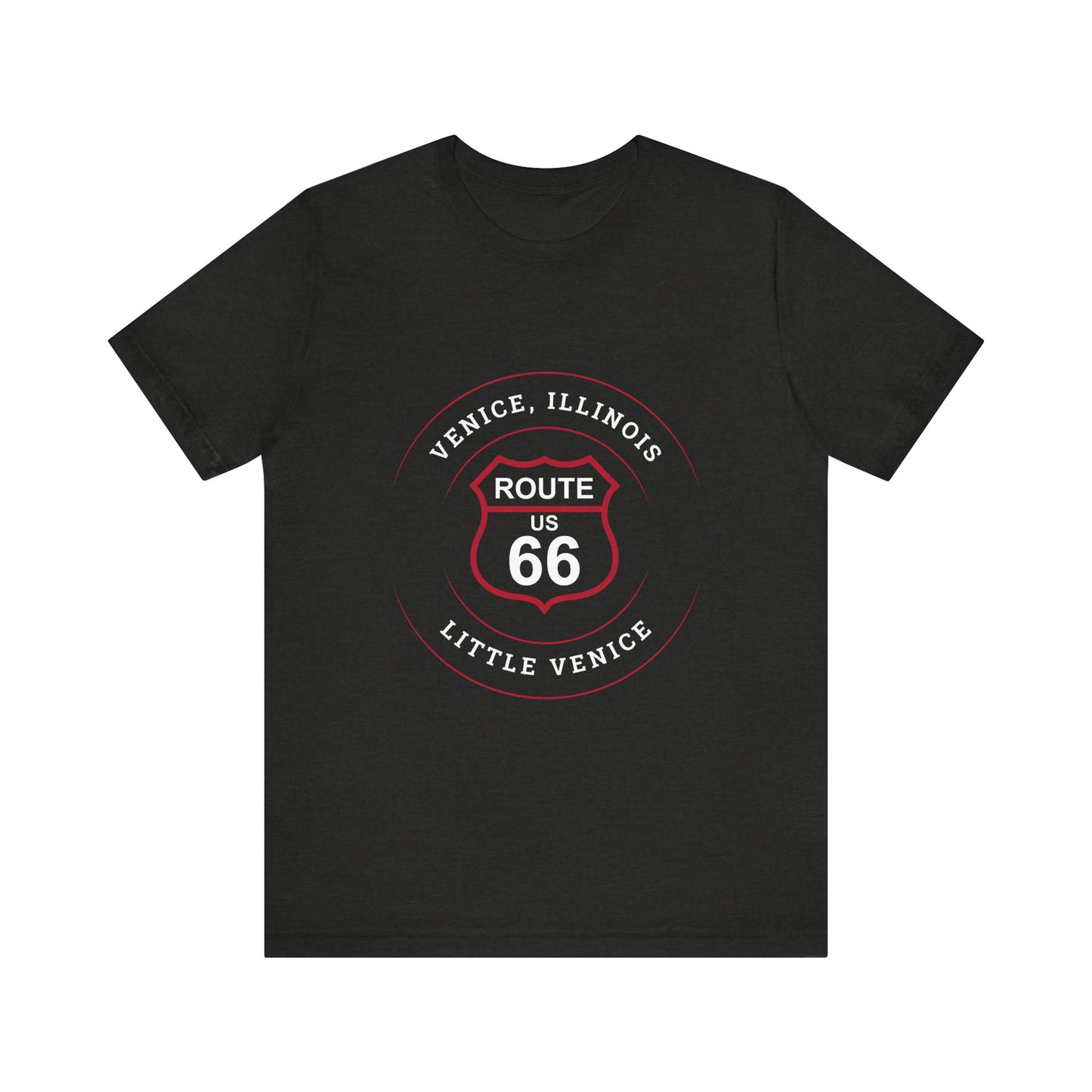 Black heather retro Route 66 unisex jersey tee with Venice, IL:: "Little Venice" design