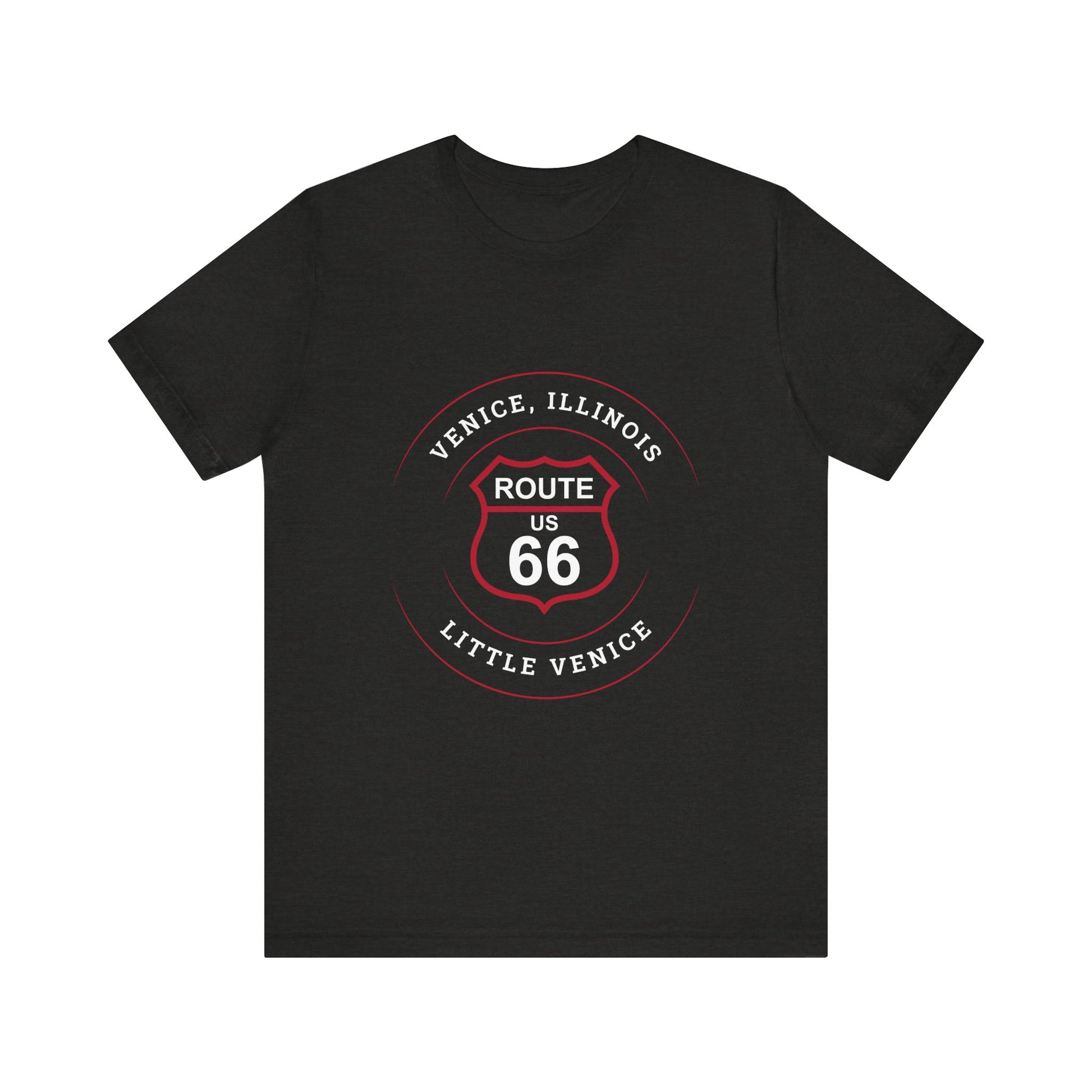 Black heather retro Route 66 unisex jersey tee with Venice, IL:: "Little Venice" design