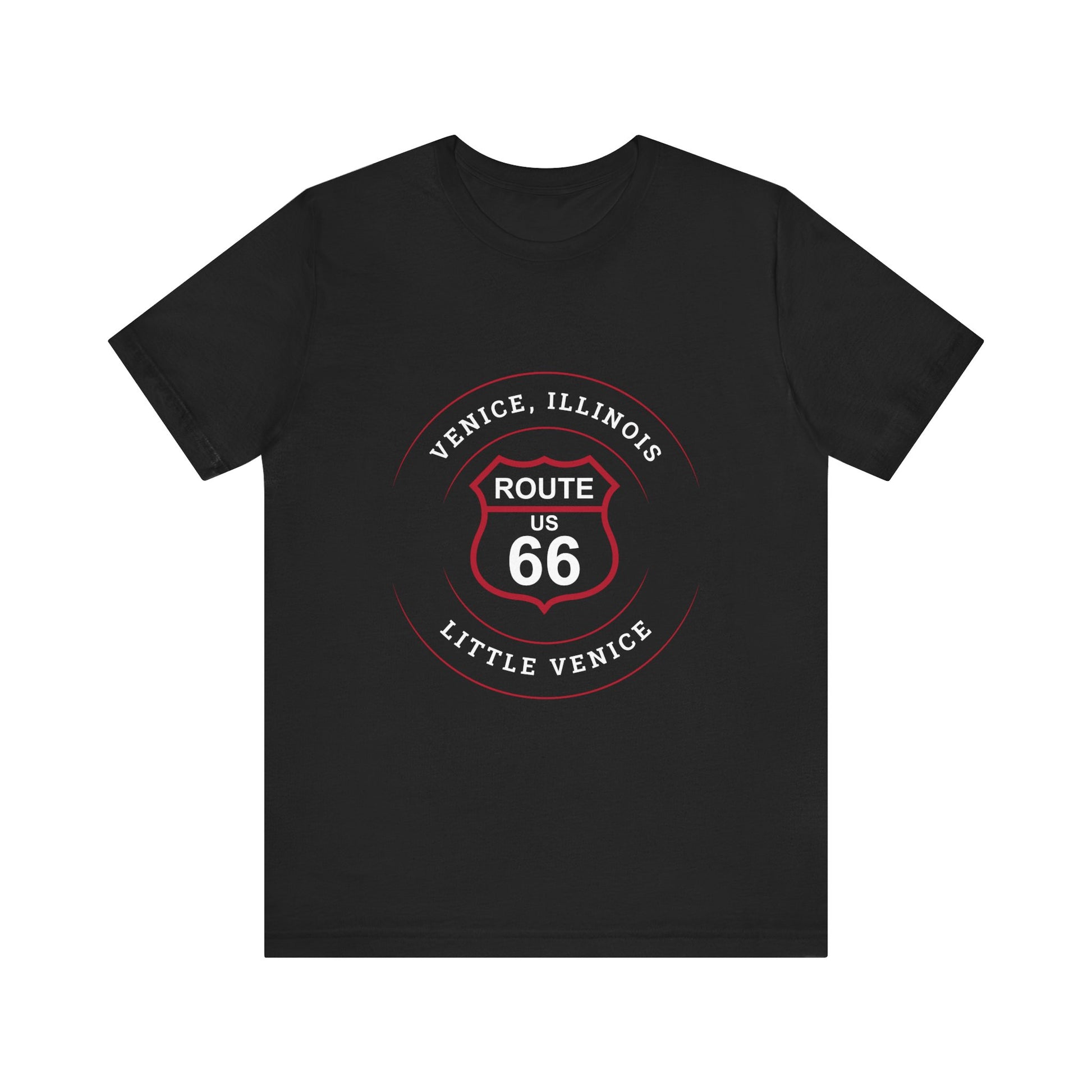 Black retro Route 66 unisex jersey tee with Venice, IL:: "Little Venice" design