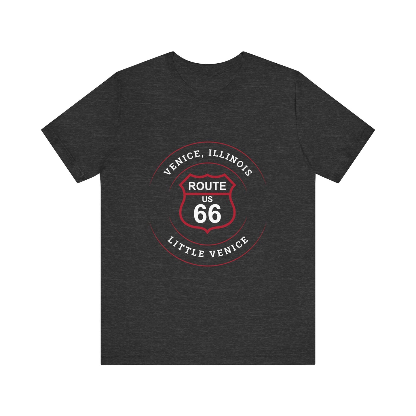 Dark grey heather retro Route 66 unisex jersey tee with Venice, IL:: "Little Venice" design