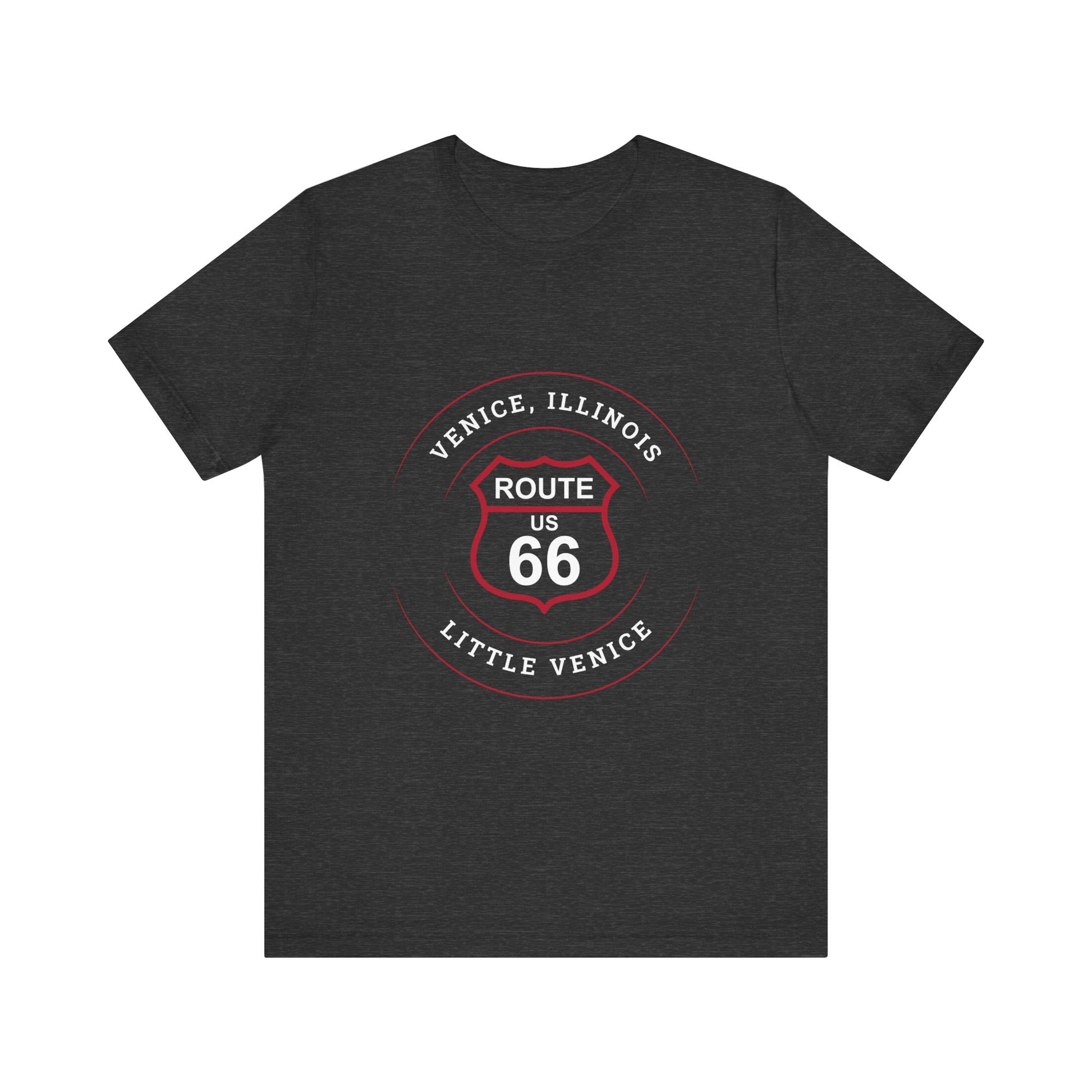 Dark grey heather retro Route 66 unisex jersey tee with Venice, IL:: "Little Venice" design