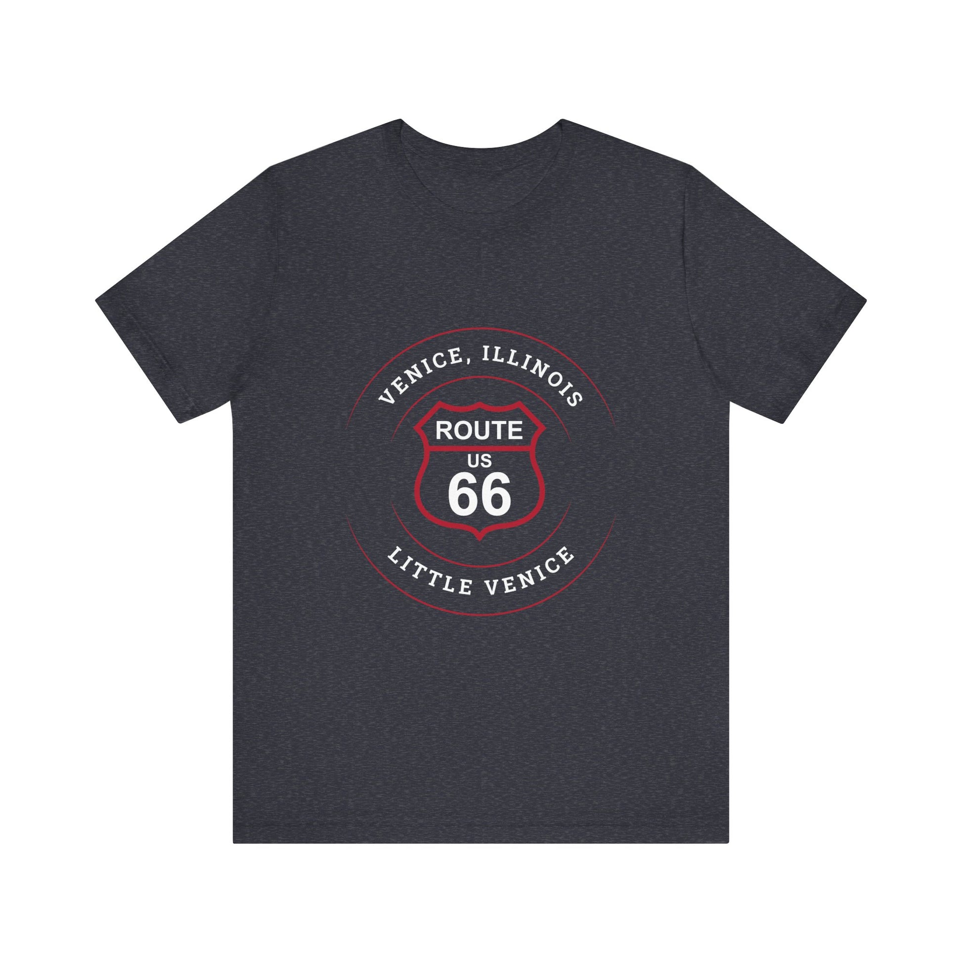 Heather navy retro Route 66 unisex jersey tee with Venice, IL:: "Little Venice" design