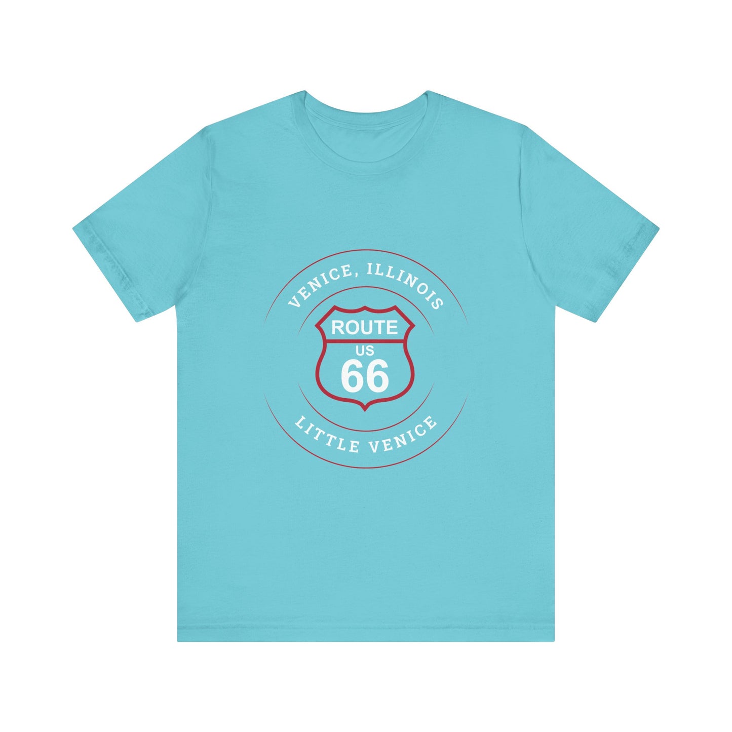 Turquoise retro Route 66 unisex jersey tee with Venice, IL:: "Little Venice" design