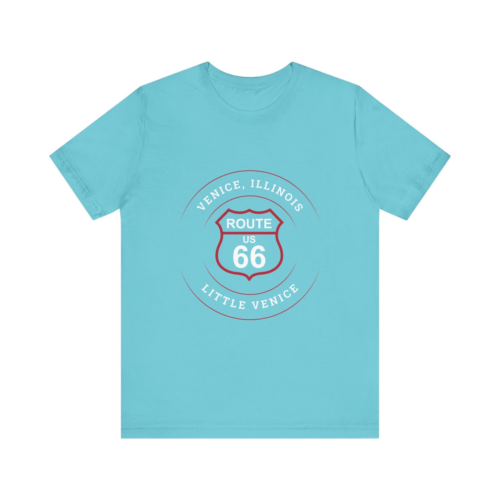 Turquoise retro Route 66 unisex jersey tee with Venice, IL:: "Little Venice" design