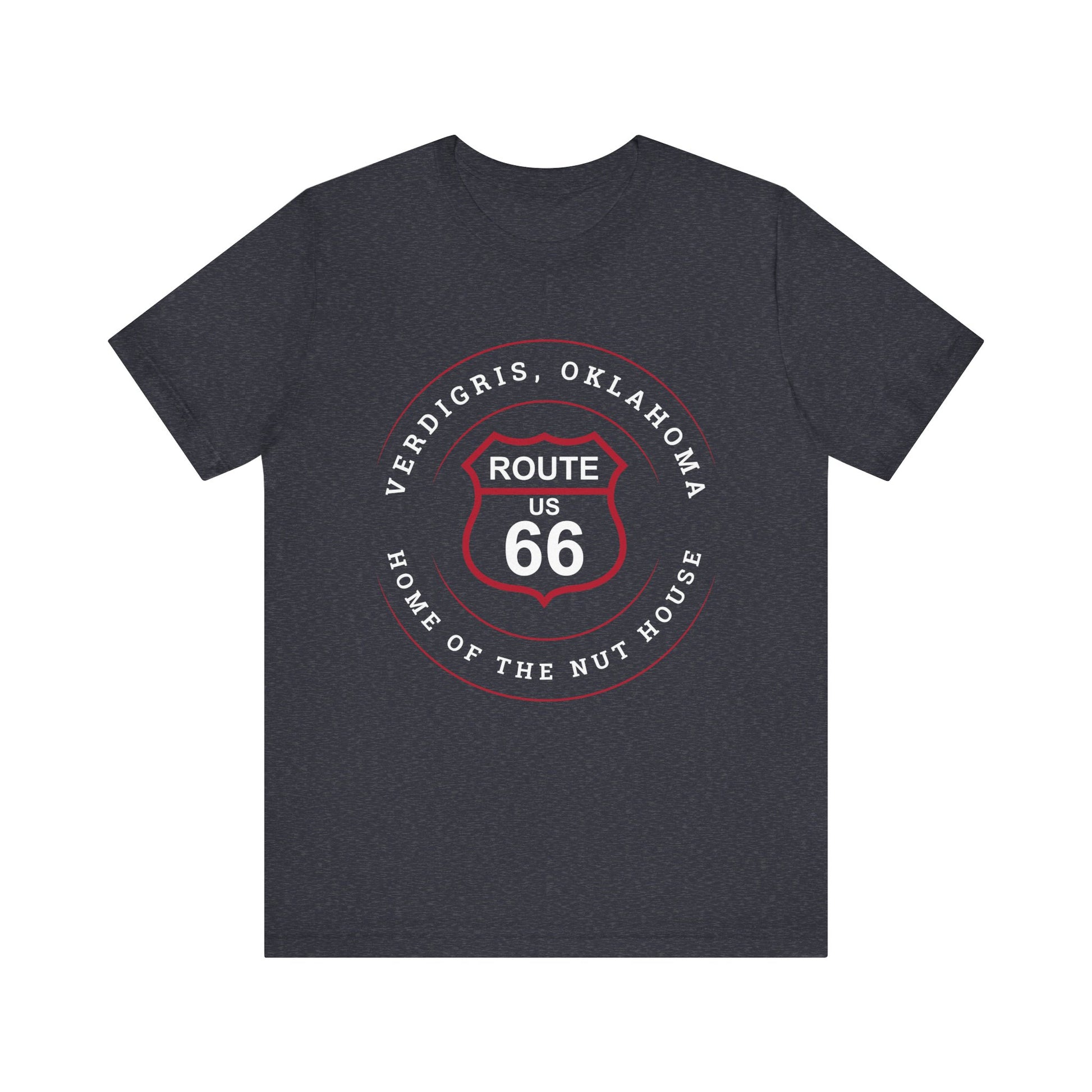 Heather navy retro Route 66 unisex jersey tee with Verdigris, OK "Home of the Nuthouse" design