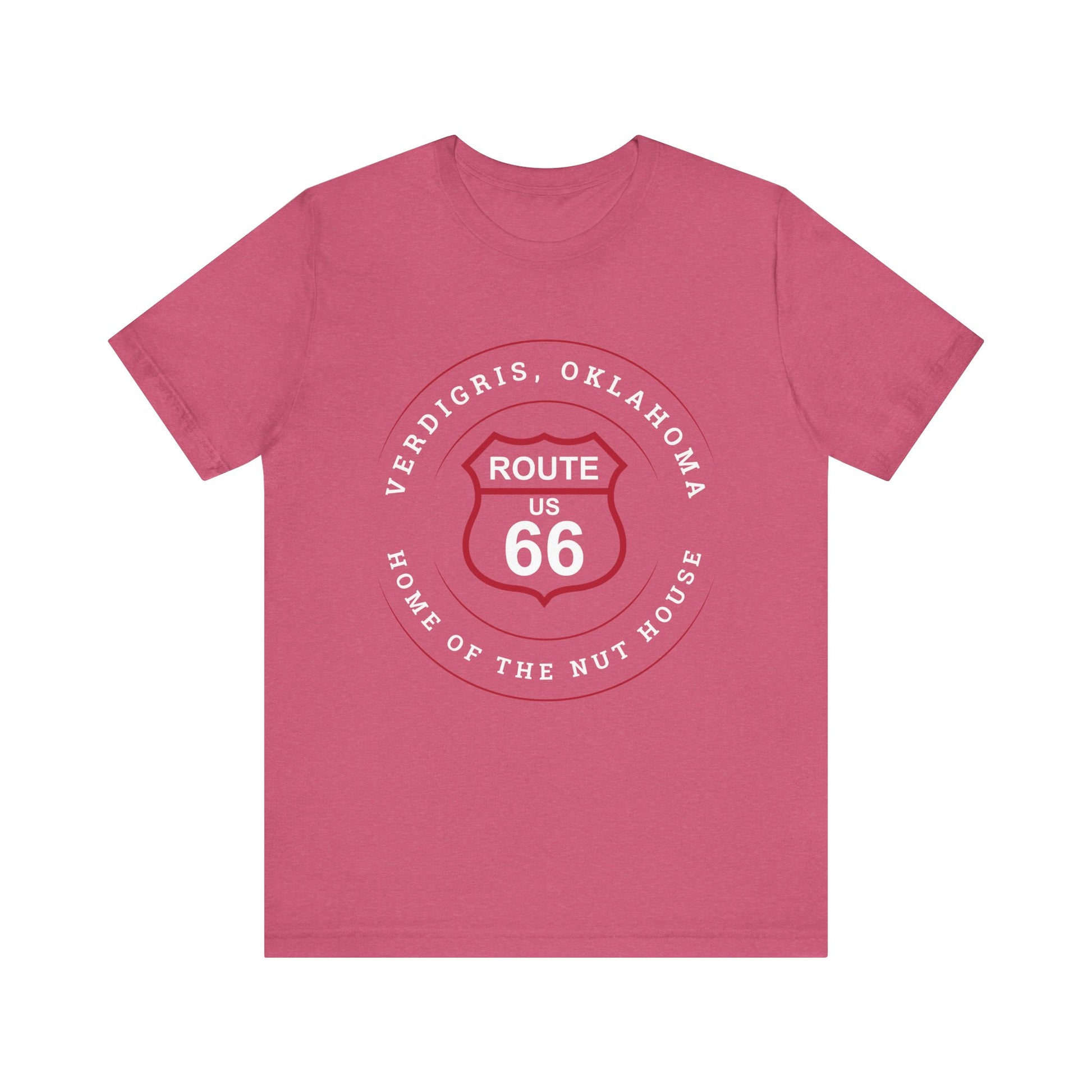 Heather raspberry retro Route 66 unisex jersey tee with Verdigris, OK "Home of the Nuthouse" design