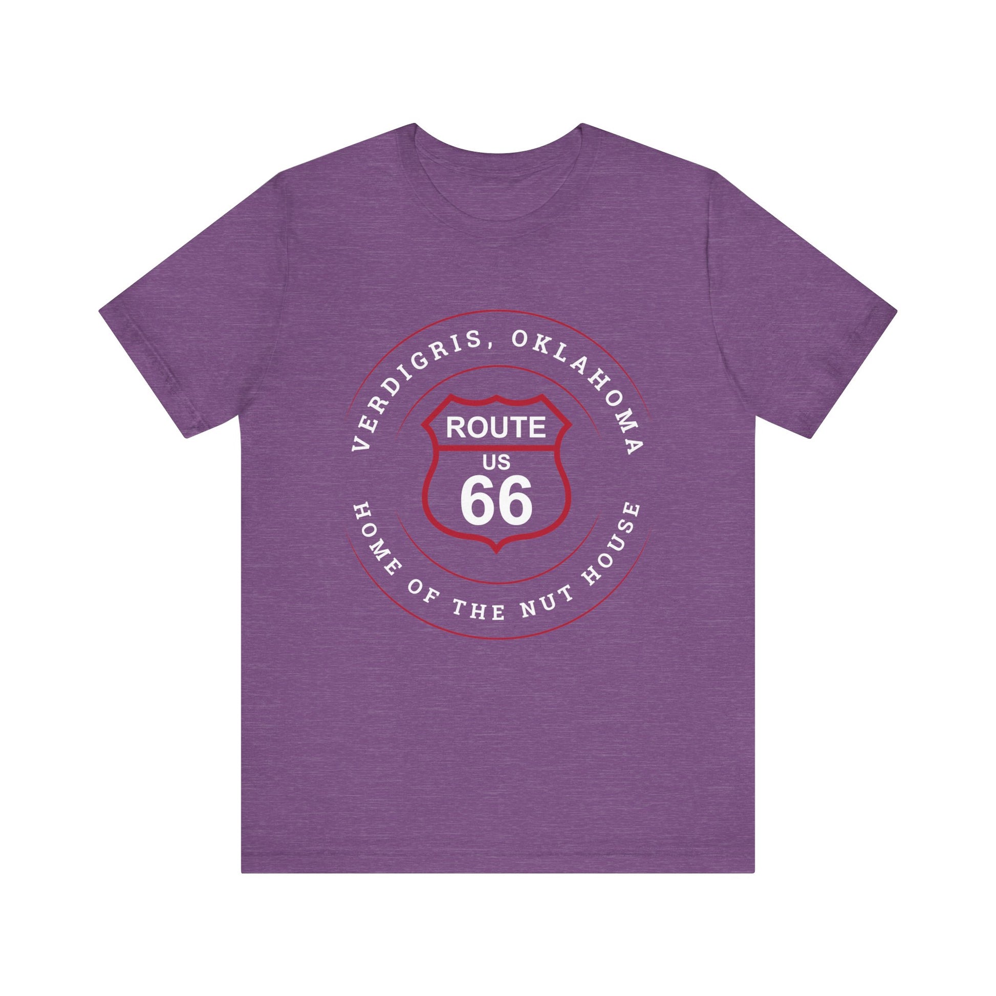 Heather team purple retro Route 66 unisex jersey tee with Verdigris, OK "Home of the Nuthouse" design