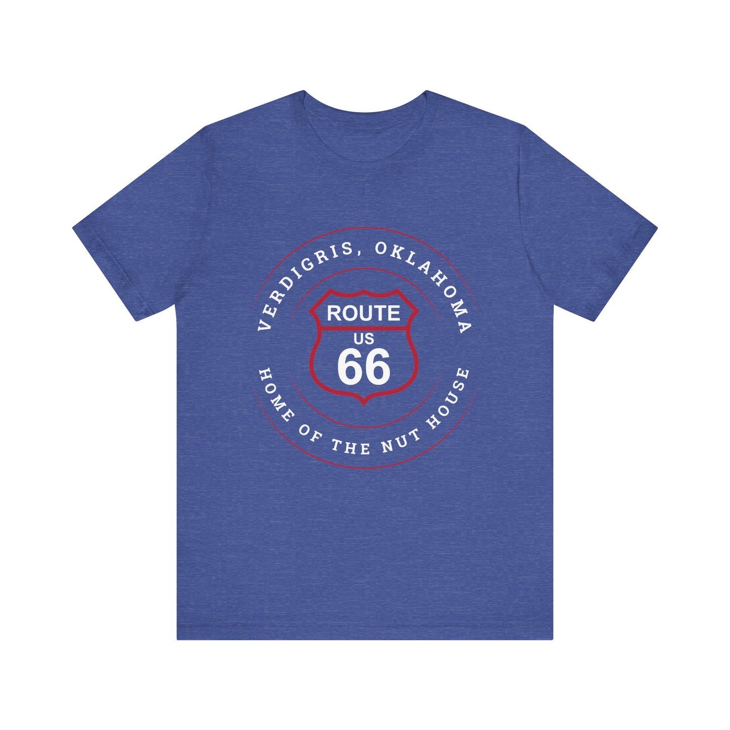 Heather true royal retro Route 66 unisex jersey tee with Verdigris, OK "Home of the Nuthouse" design