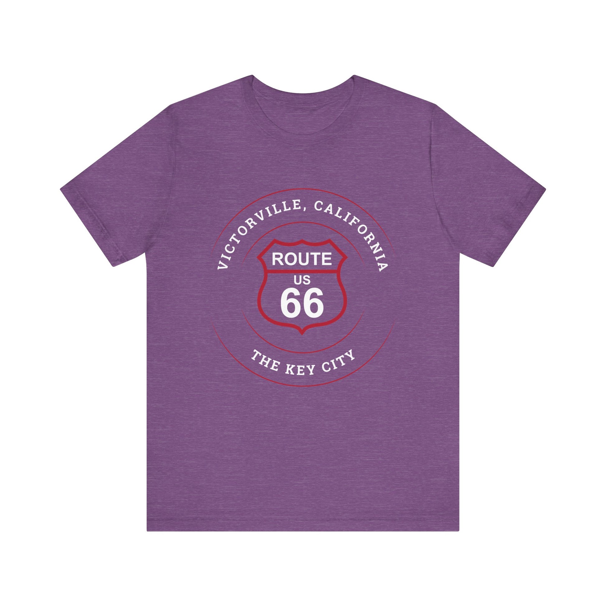 Heather team purple retro Route 66 unisex jersey tee with Victorville, CA: "The Key City" design