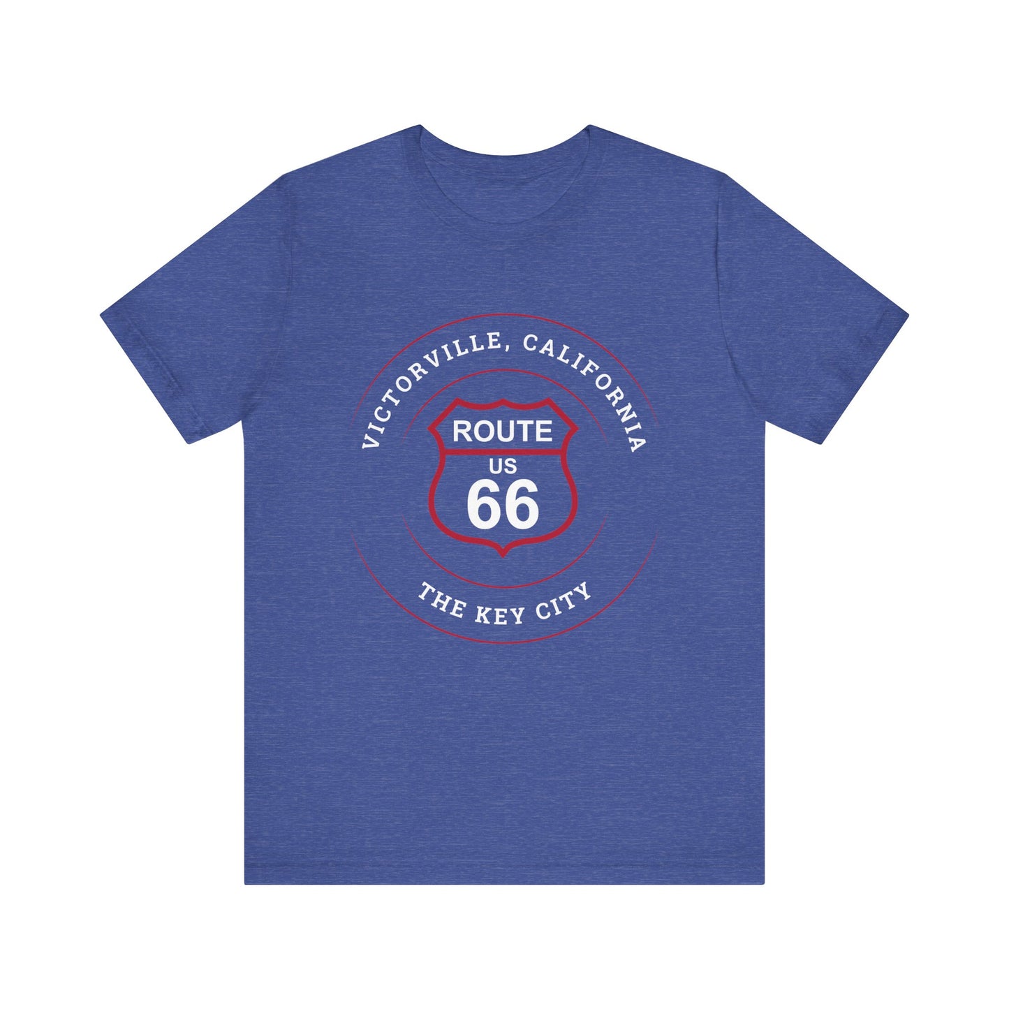 Heather true royal retro Route 66 unisex jersey tee with Victorville, CA: "The Key City" design