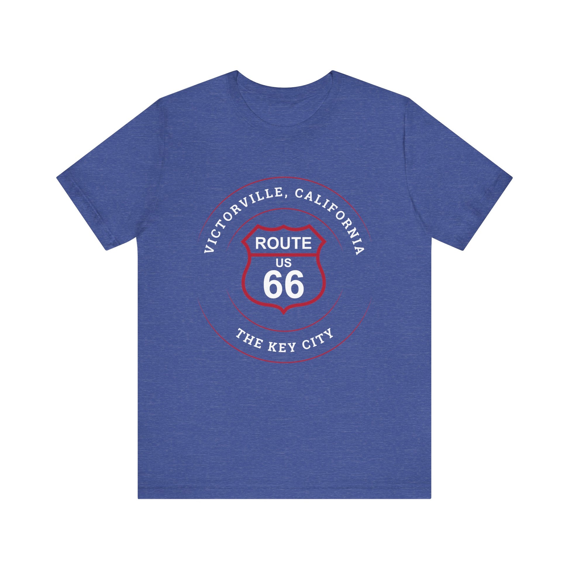 Heather true royal retro Route 66 unisex jersey tee with Victorville, CA: "The Key City" design