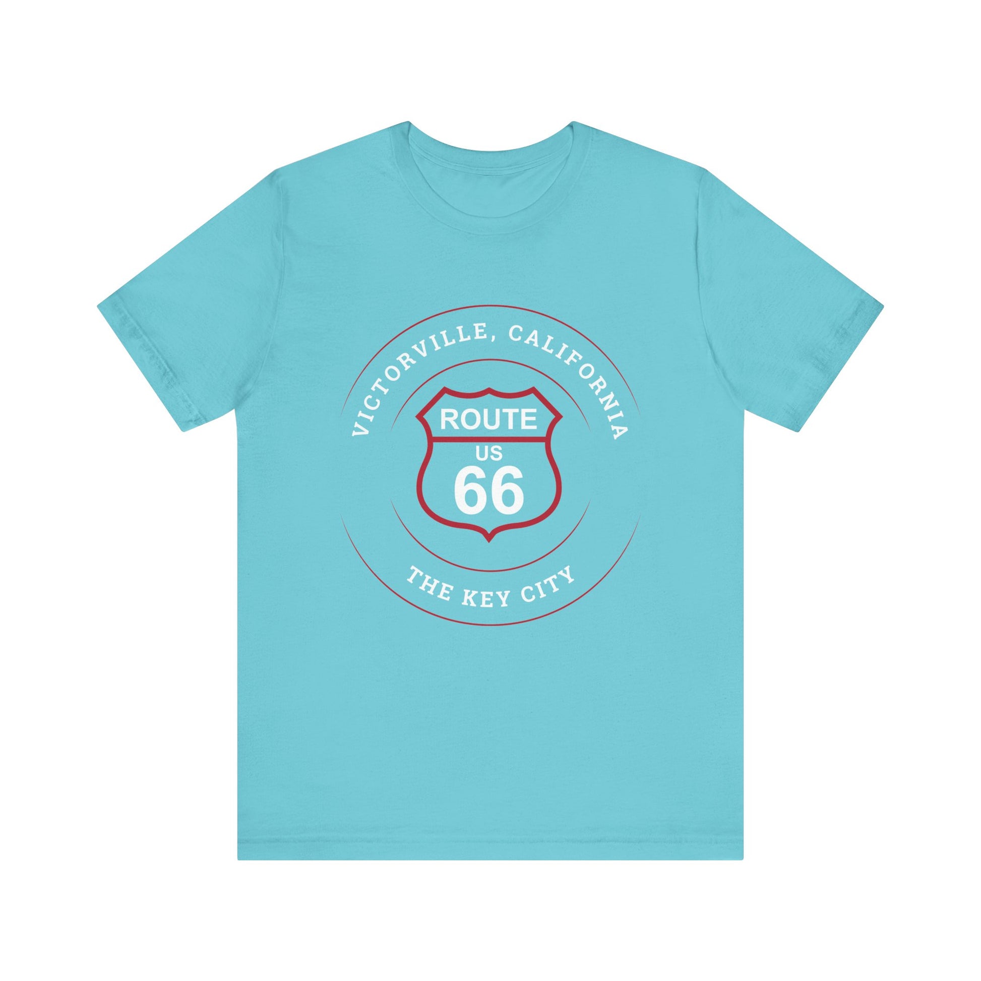 Turquoise retro Route 66 unisex jersey tee with Victorville, CA: "The Key City" design
