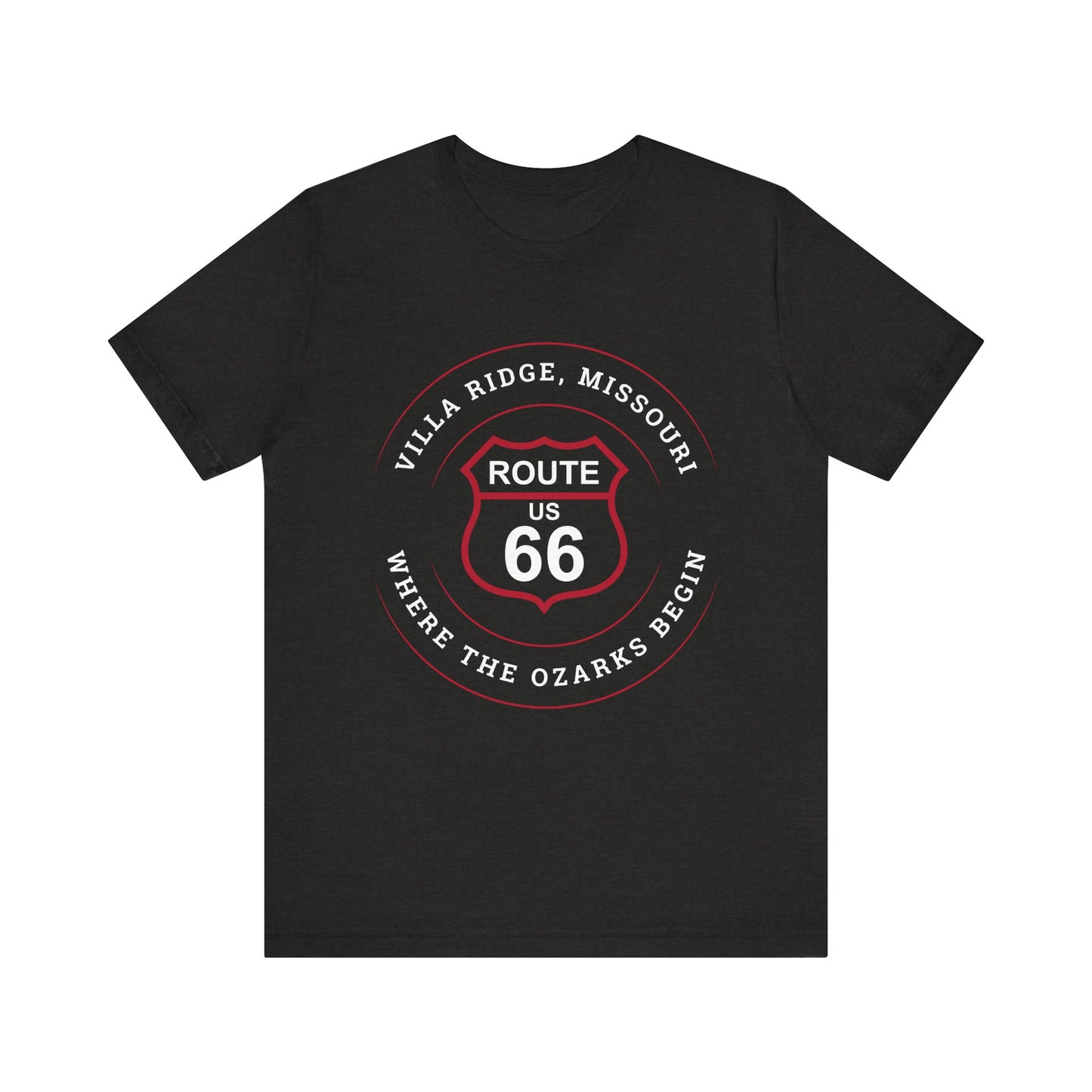 Black heather retro Route 66 unisex jersey tee with Villa Ridge, MO: "Where the Ozarks Begin" design