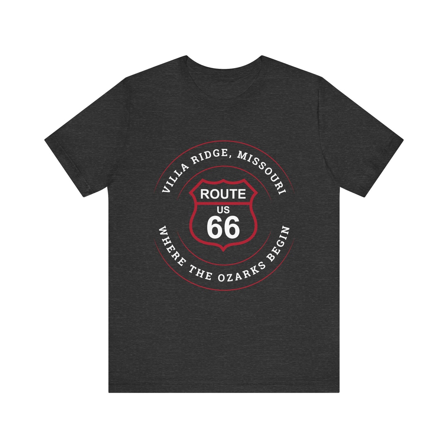 Dark grey heather retro Route 66 unisex jersey tee with Villa Ridge, MO: "Where the Ozarks Begin" design