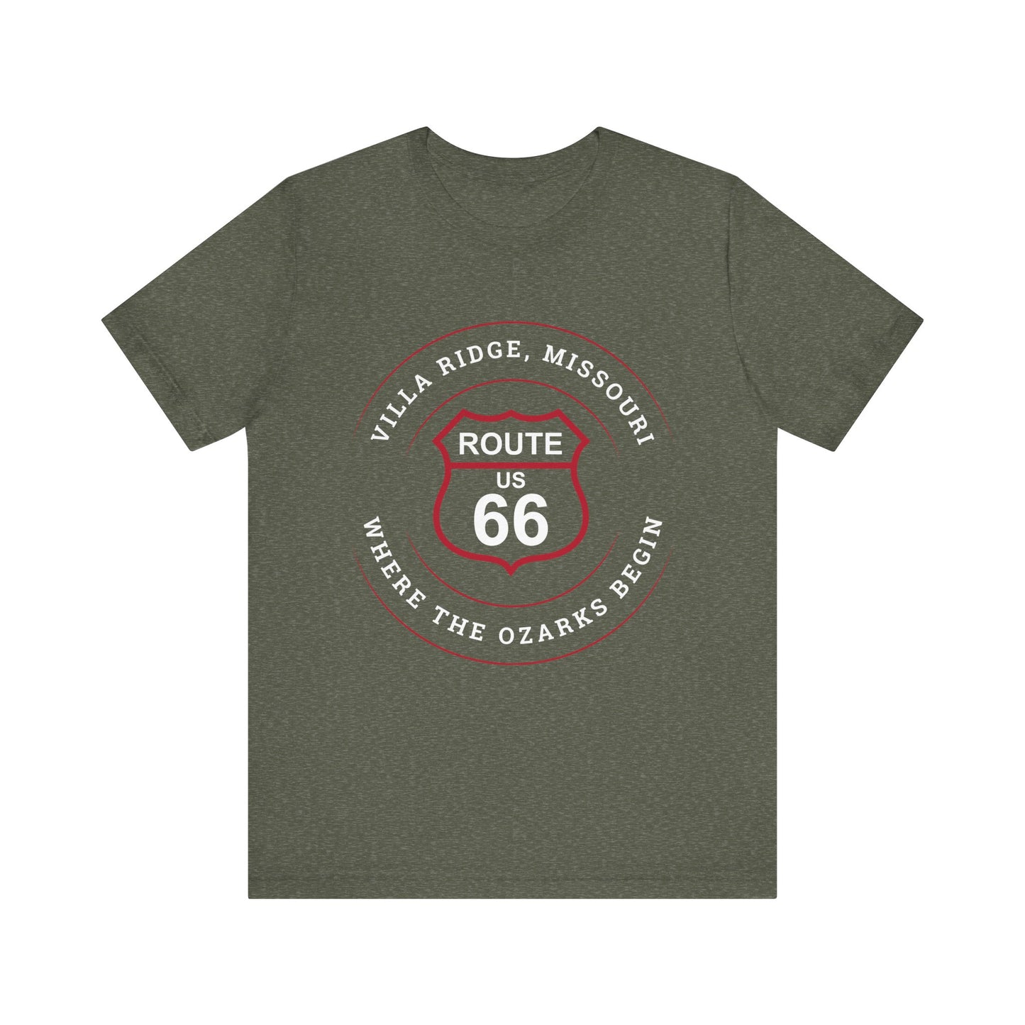 Heather military green retro Route 66 unisex jersey tee with Villa Ridge, MO: "Where the Ozarks Begin" design