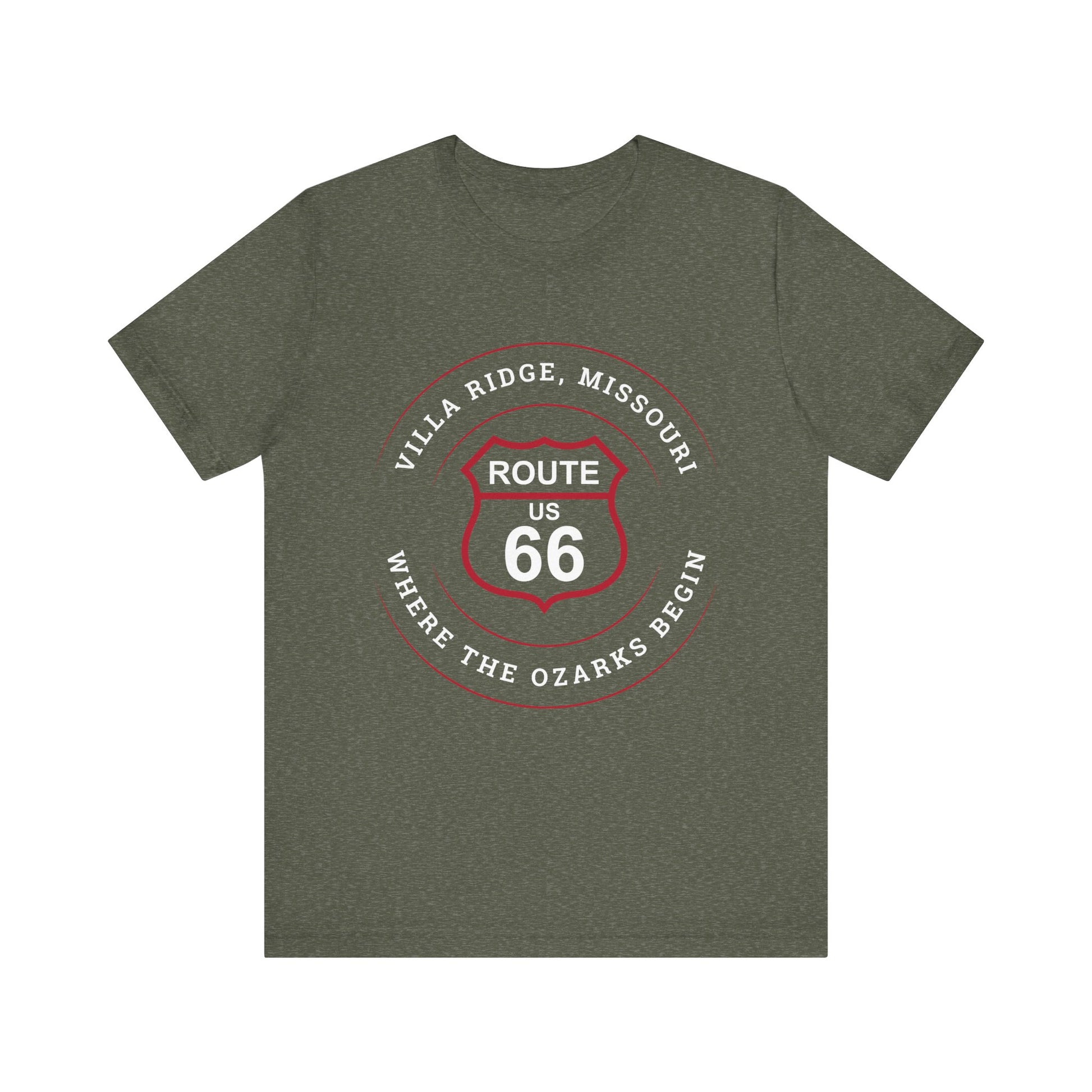 Heather military green retro Route 66 unisex jersey tee with Villa Ridge, MO: "Where the Ozarks Begin" design