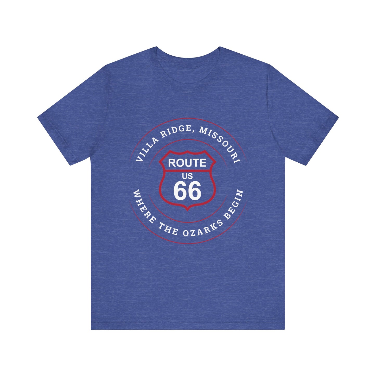 Heather true royal retro Route 66 unisex jersey tee with Villa Ridge, MO: "Where the Ozarks Begin" design