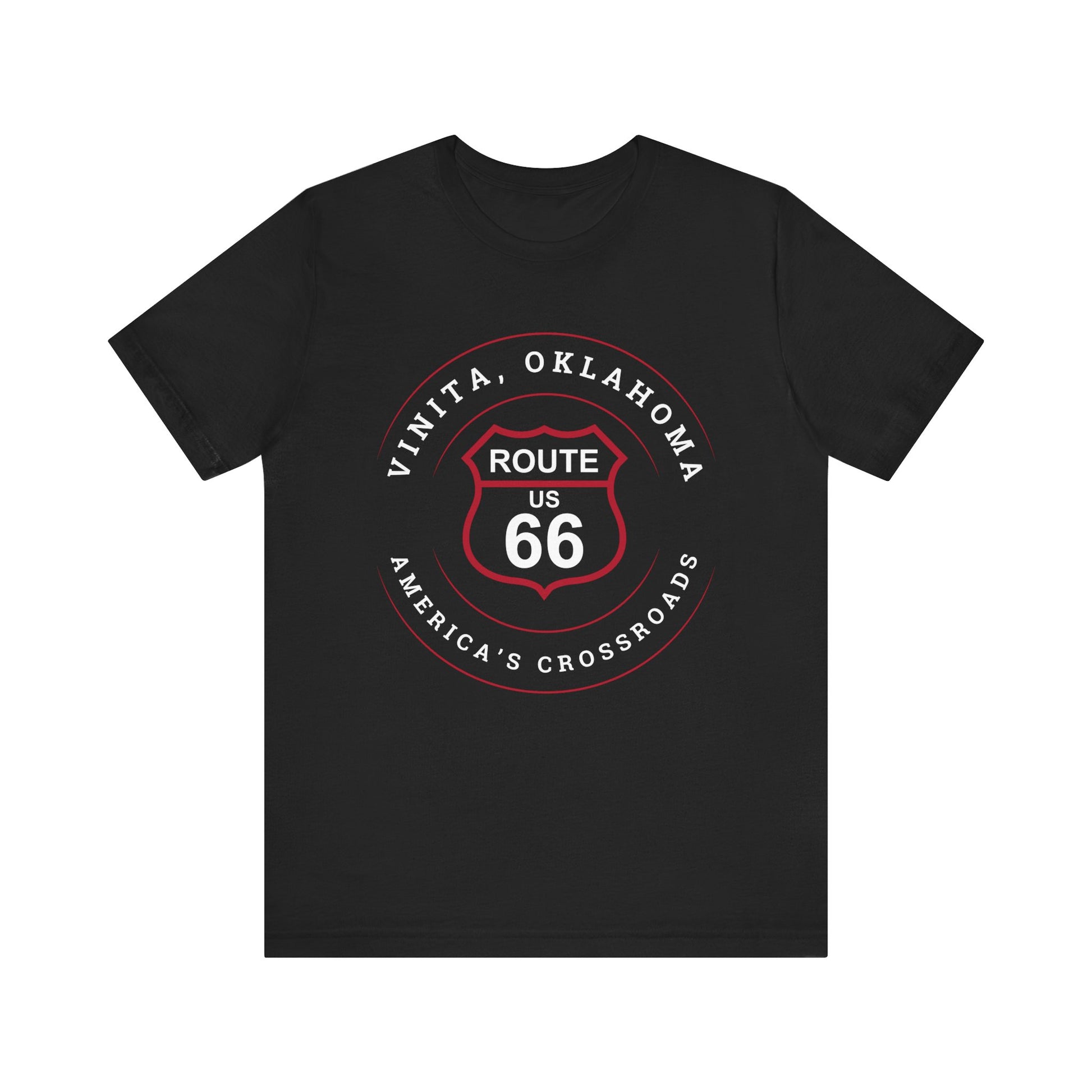 Black retro Route 66 unisex jersey tee with Vinita, OK "America's Crossroads" design