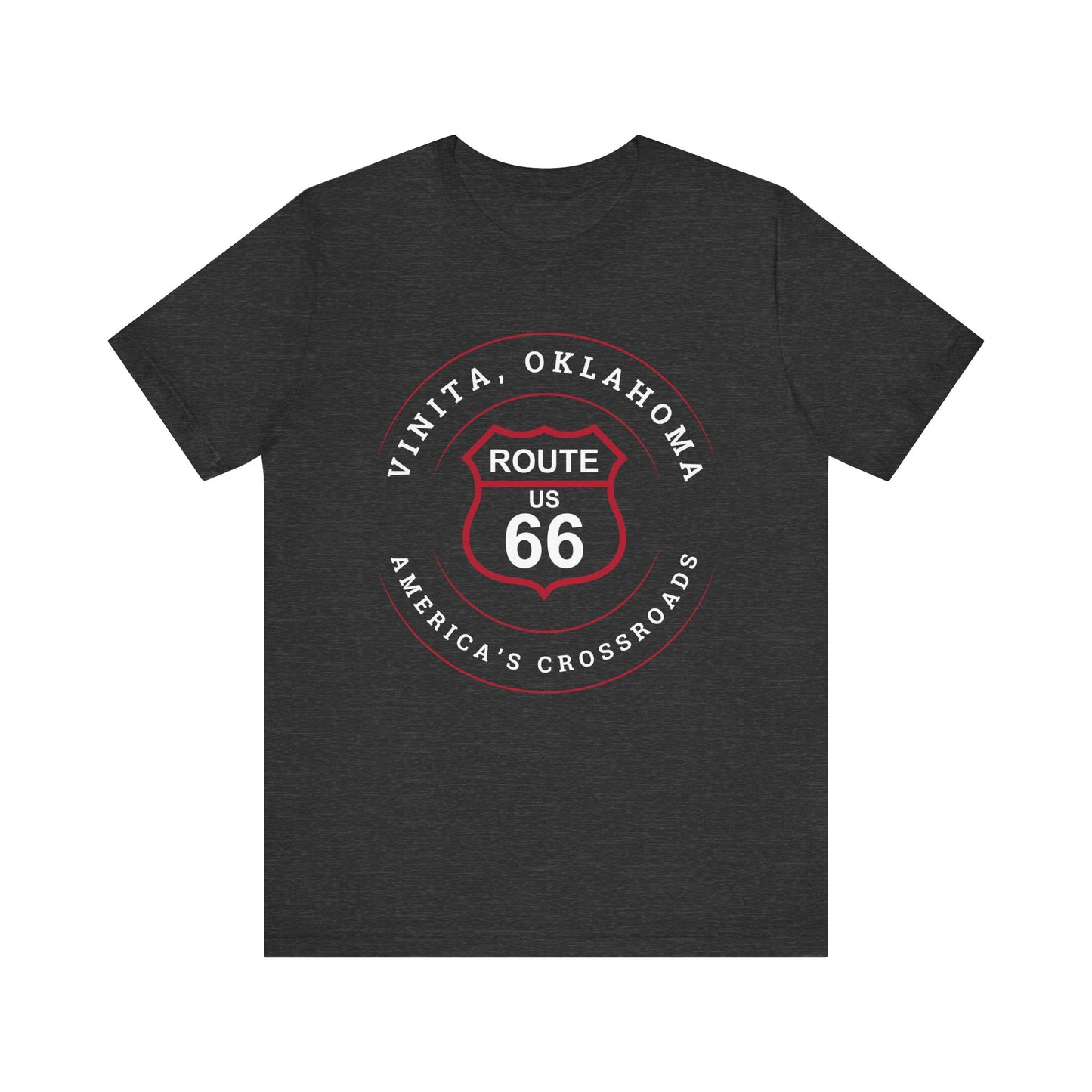 Dark grey heather retro Route 66 unisex jersey tee with Vinita, OK "America's Crossroads" design