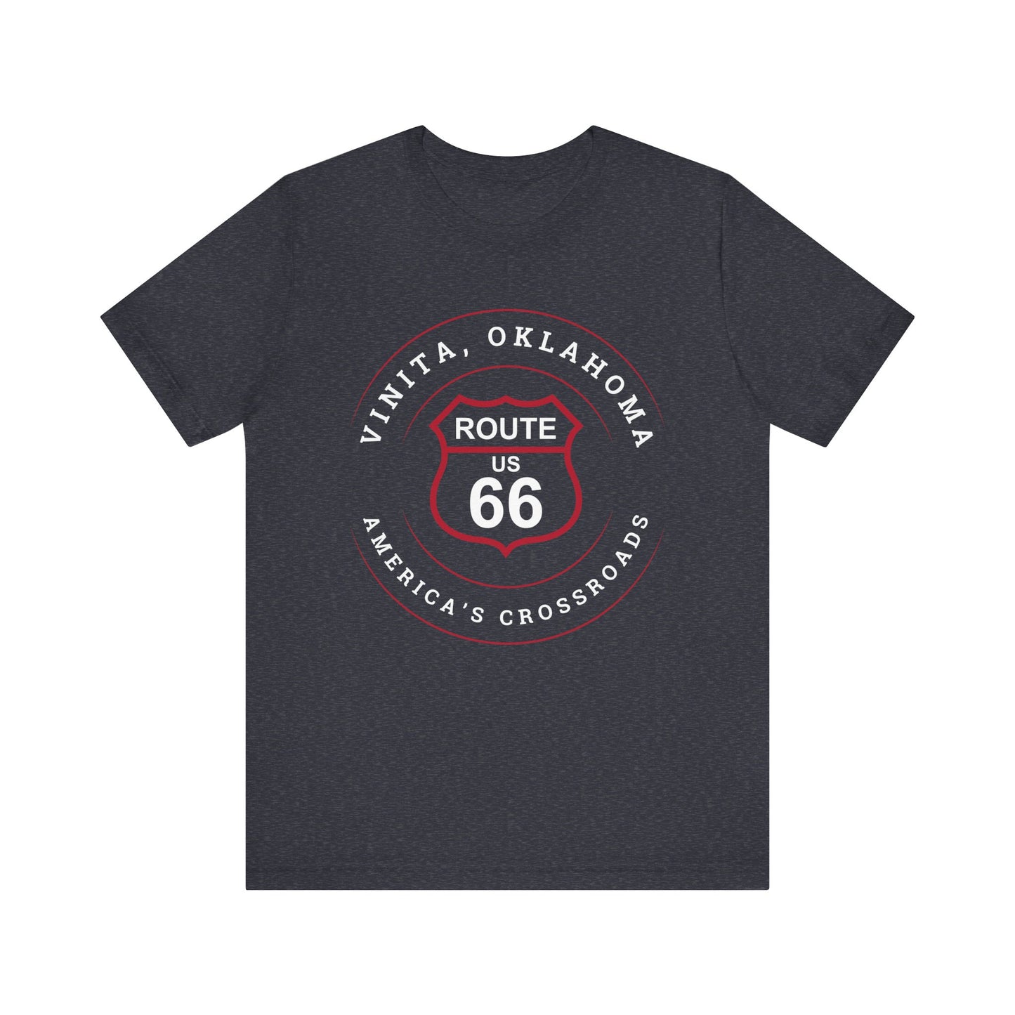 Heather navy retro Route 66 unisex jersey tee with Vinita, OK "America's Crossroads" design