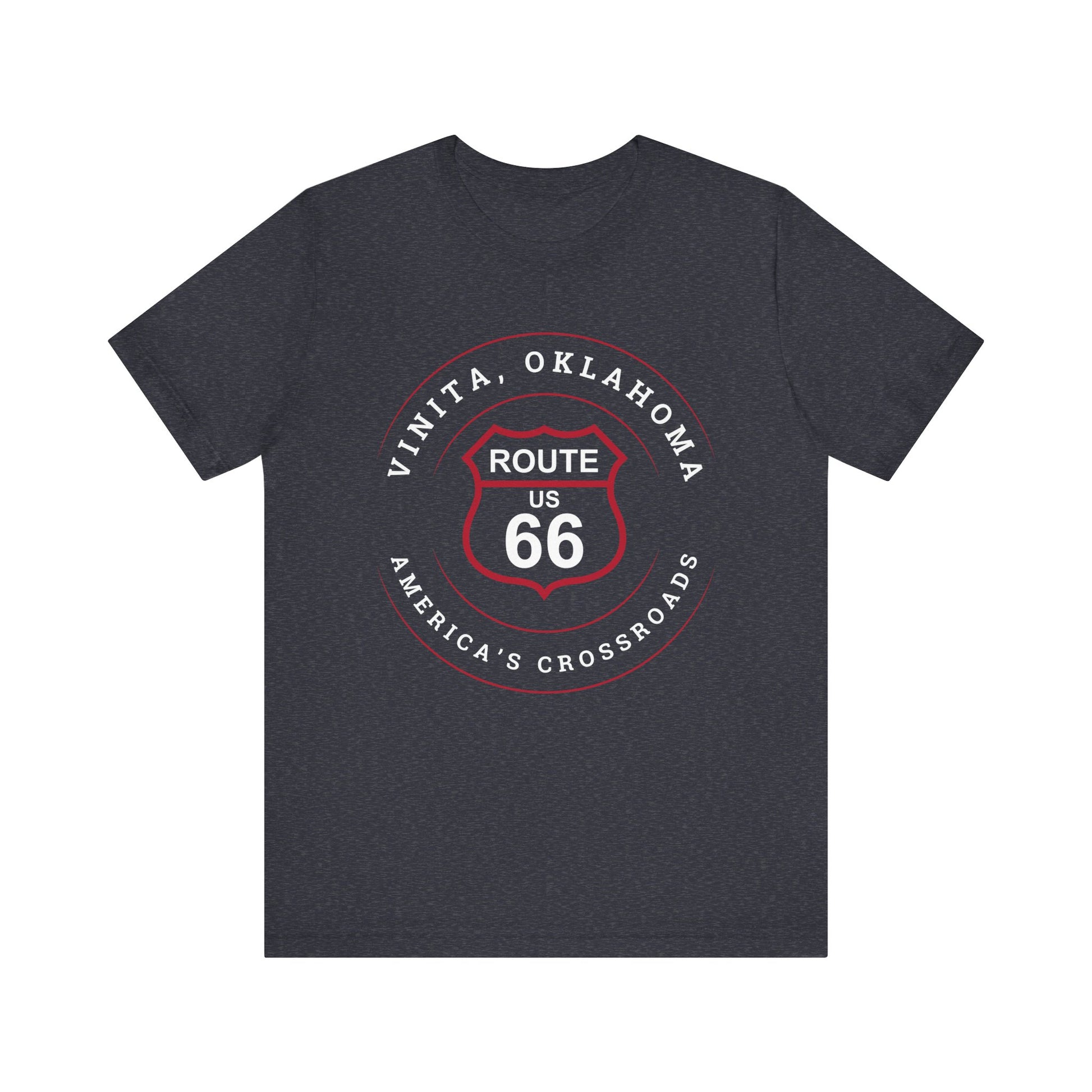 Heather navy retro Route 66 unisex jersey tee with Vinita, OK "America's Crossroads" design