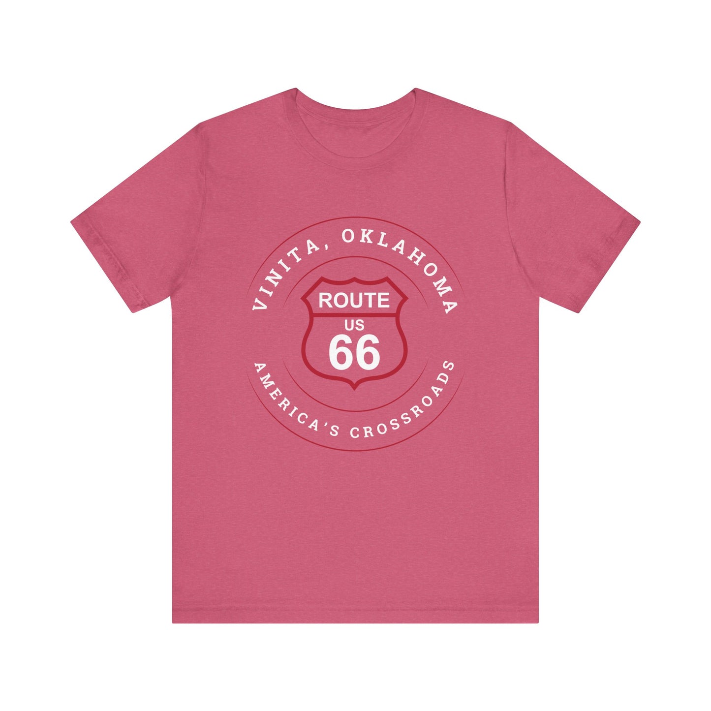 Heather raspberry retro Route 66 unisex jersey tee with Vinita, OK "America's Crossroads" design