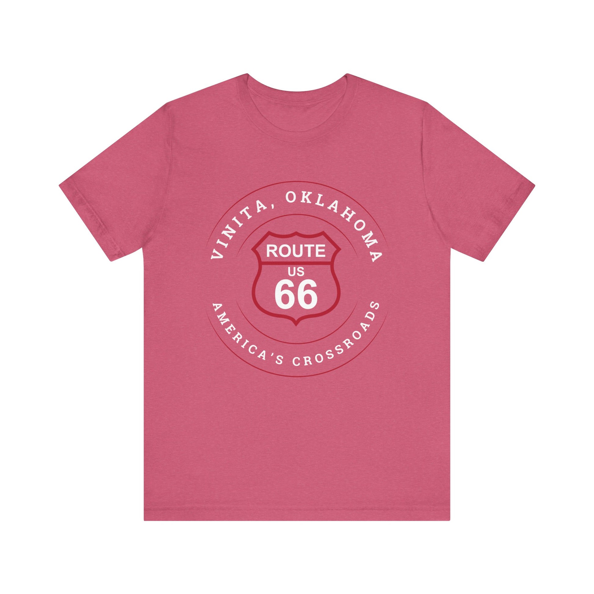 Heather raspberry retro Route 66 unisex jersey tee with Vinita, OK "America's Crossroads" design
