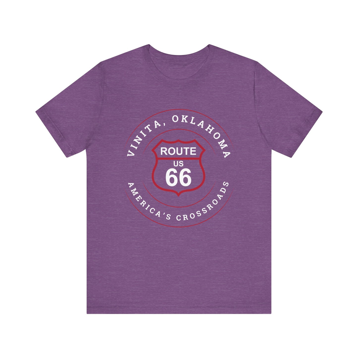 Heather team purple retro Route 66 unisex jersey tee with Vinita, OK "America's Crossroads" design