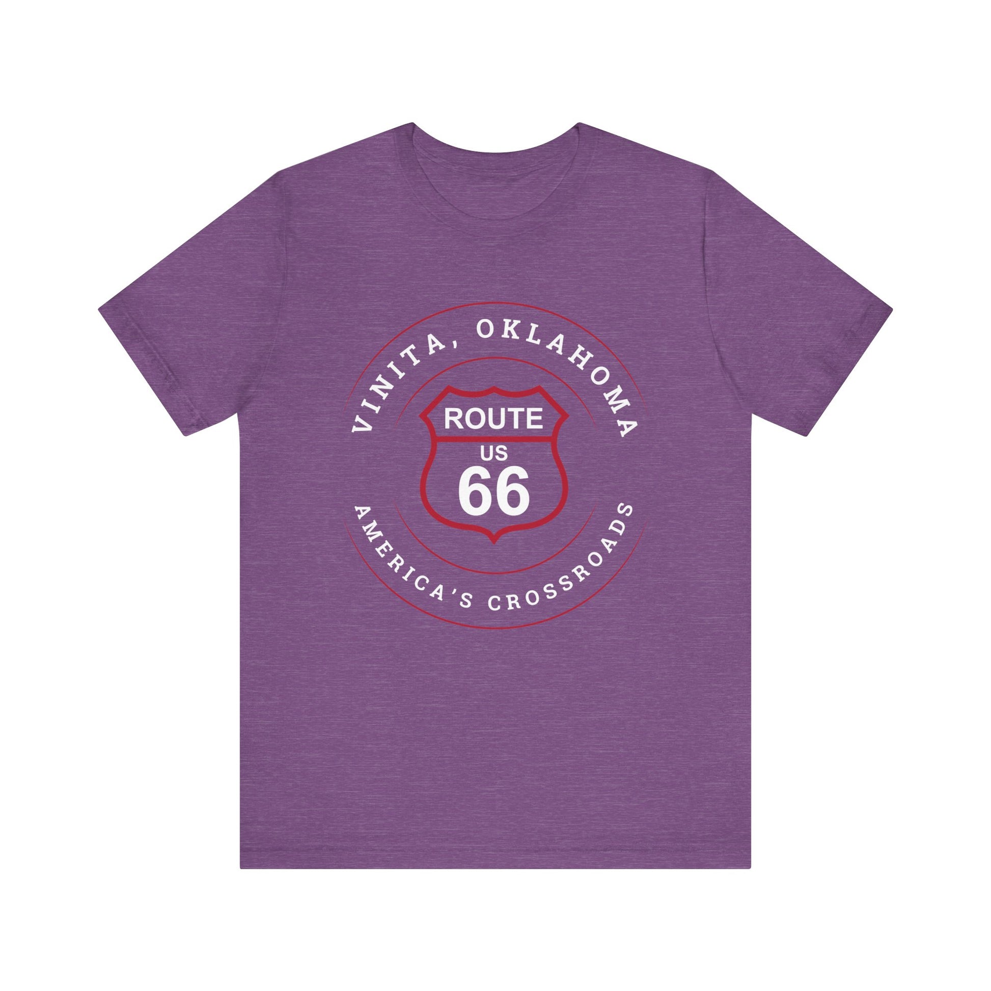 Heather team purple retro Route 66 unisex jersey tee with Vinita, OK "America's Crossroads" design