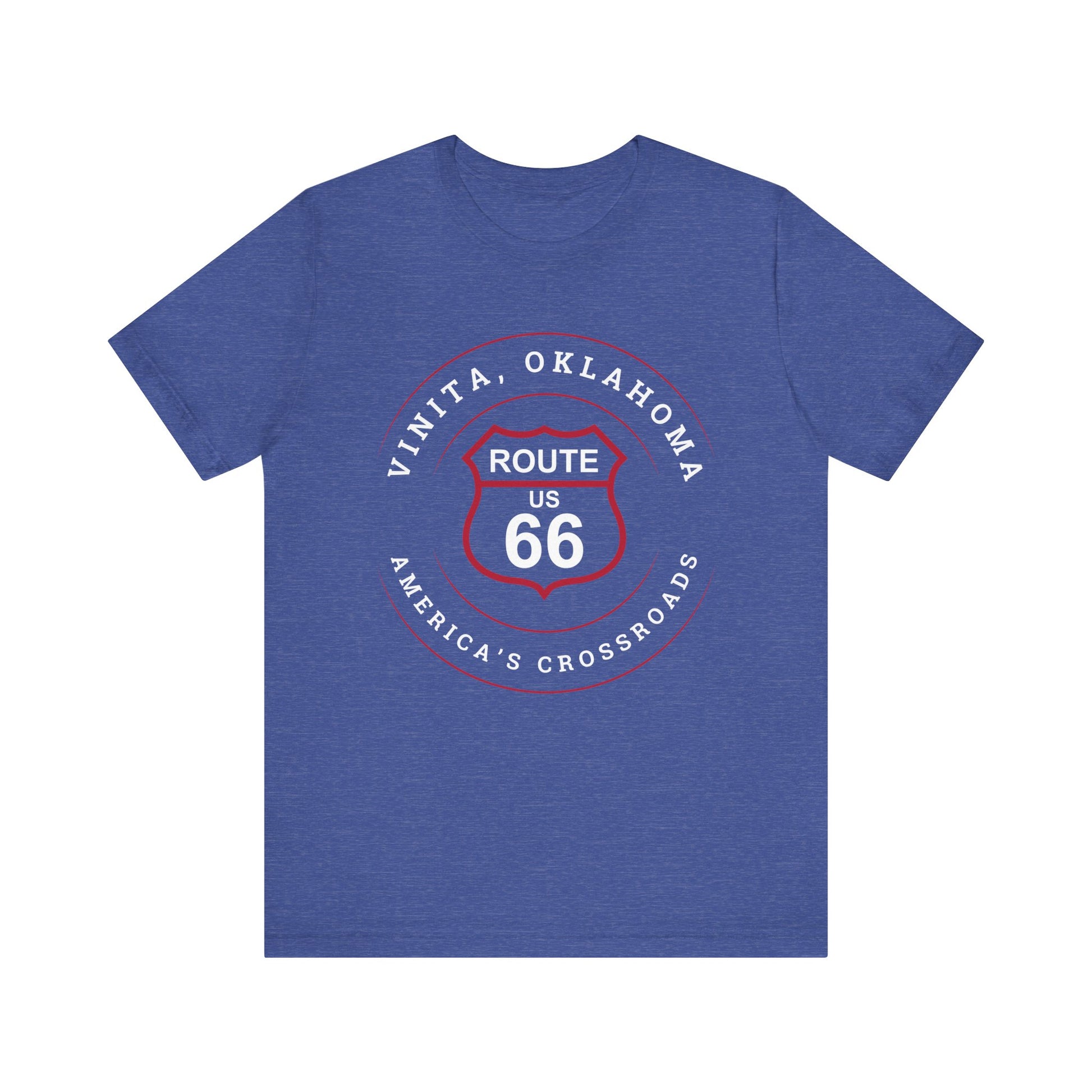Heather true royal retro Route 66 unisex jersey tee with Vinita, OK "America's Crossroads" design