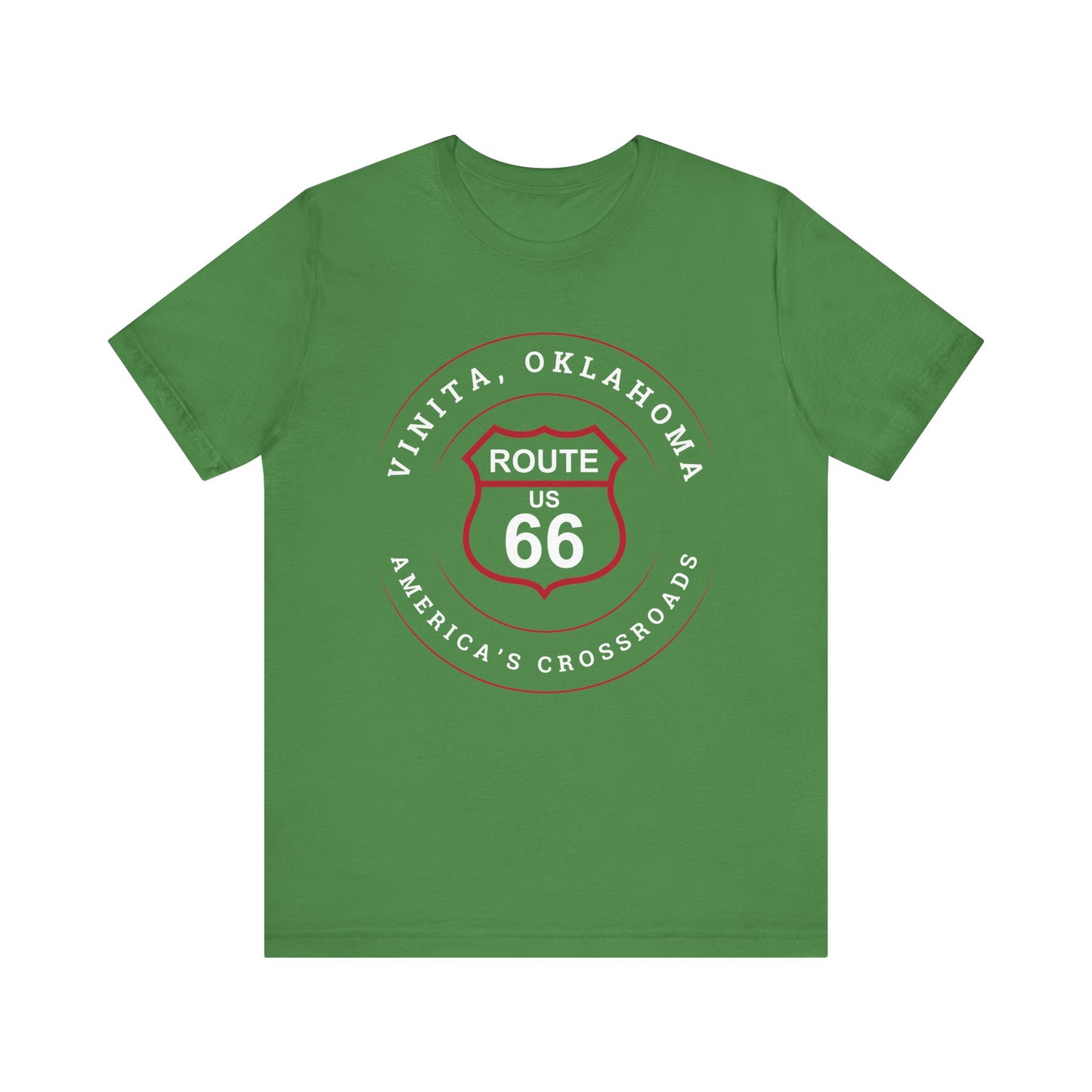 Leaf retro Route 66 unisex jersey tee with Vinita, OK "America's Crossroads" design
