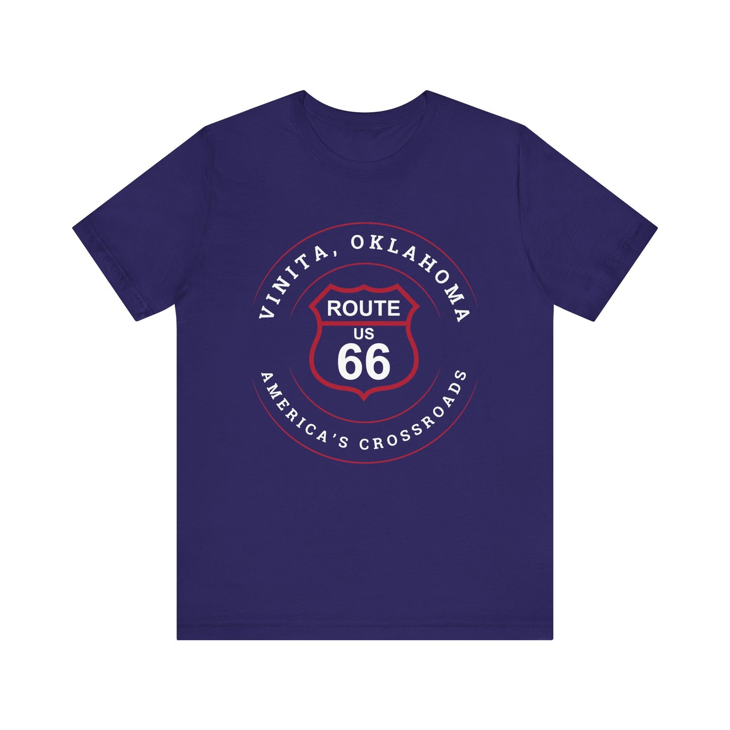 Team navy retro Route 66 unisex jersey tee with Vinita, OK "America's Crossroads" design