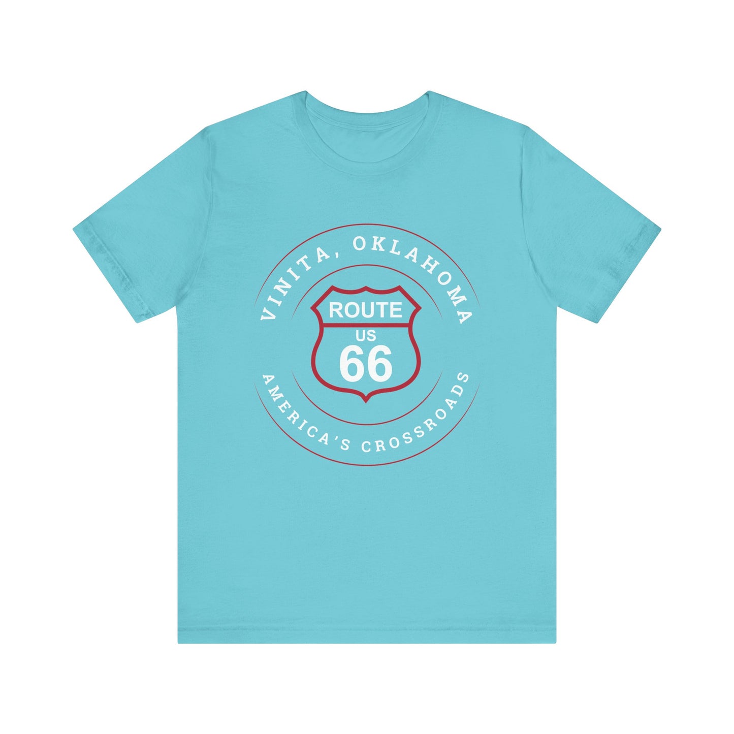 Turquoise retro Route 66 unisex jersey tee with Vinita, OK "America's Crossroads" design