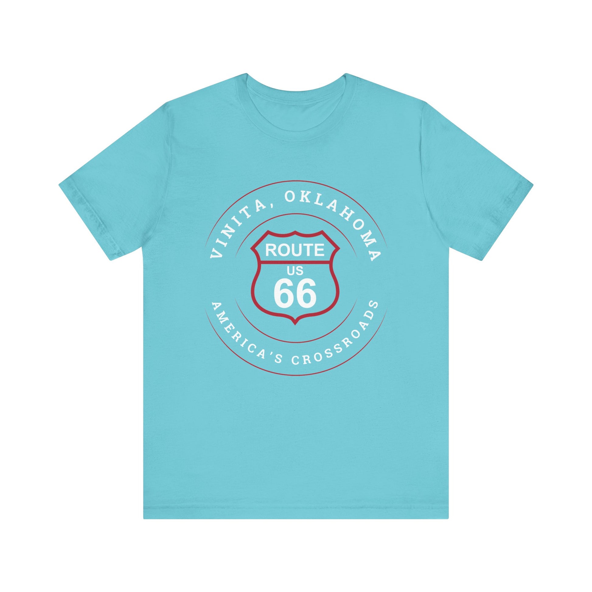 Turquoise retro Route 66 unisex jersey tee with Vinita, OK "America's Crossroads" design