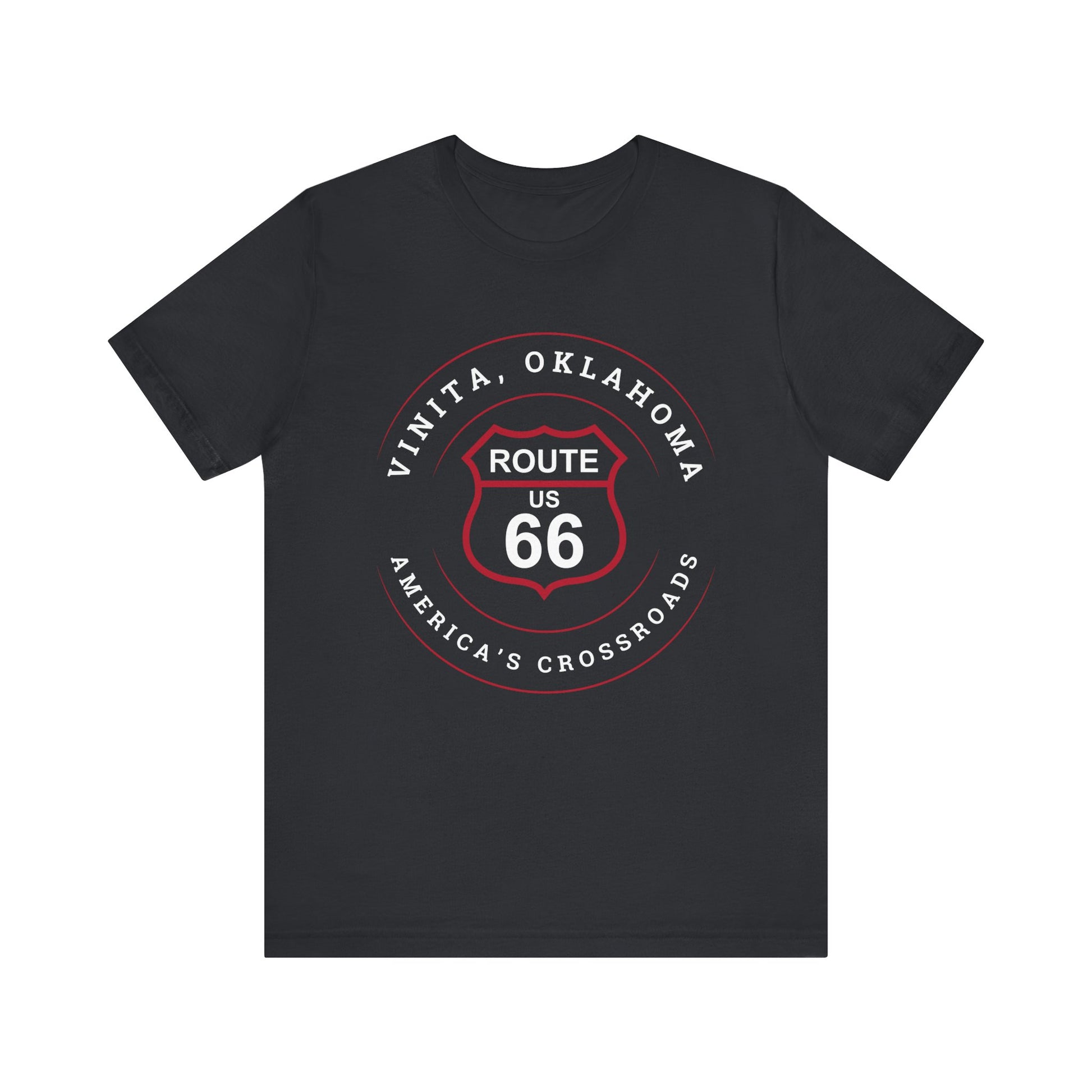 Vintage black retro Route 66 unisex jersey tee with Vinita, OK "America's Crossroads" design