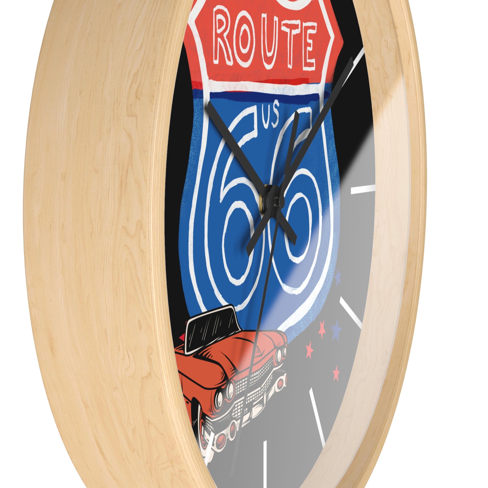 Side profile of Route 66 wall clock with natural wood frame and classic car design, ideal for garages, man caves or Route 66 collectors.