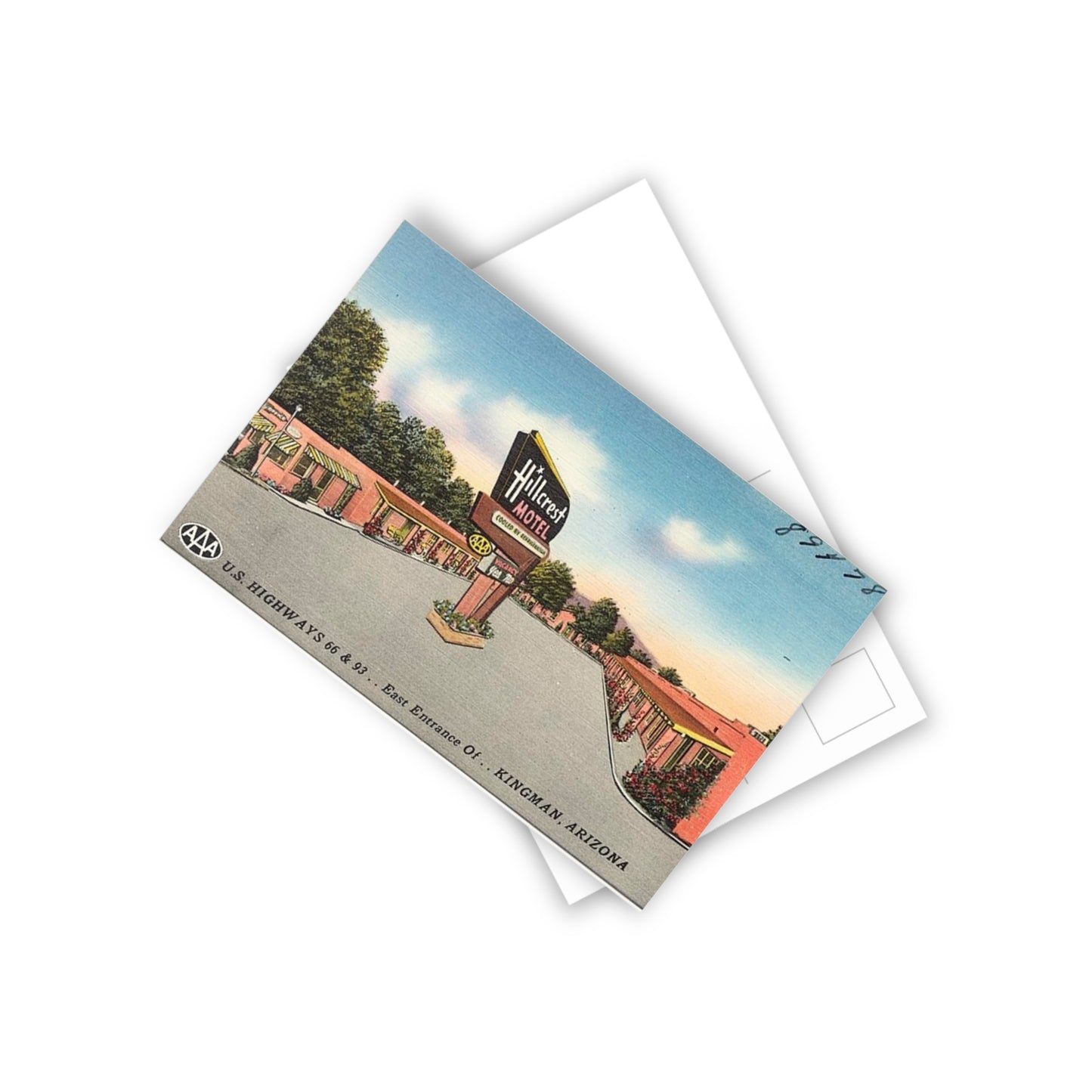 A front and back view of the vintage Hillcrest Motel postcard from Kingman, Arizona, perfect for vintage travel enthusiasts and Route 66 history buffs