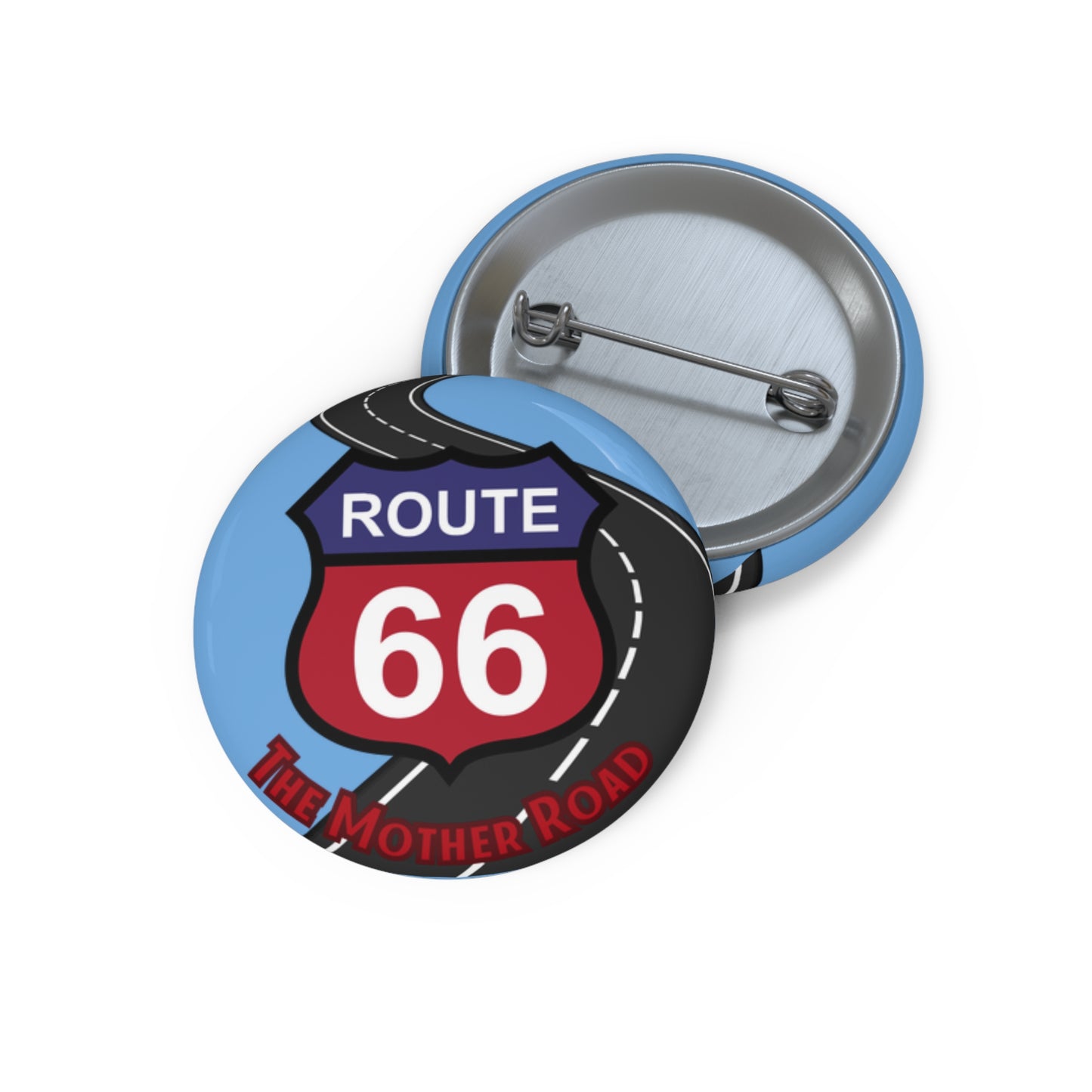 Close up of a Route 66 vintage shield pin button showing glossy front design and sturdy metal back with clasp