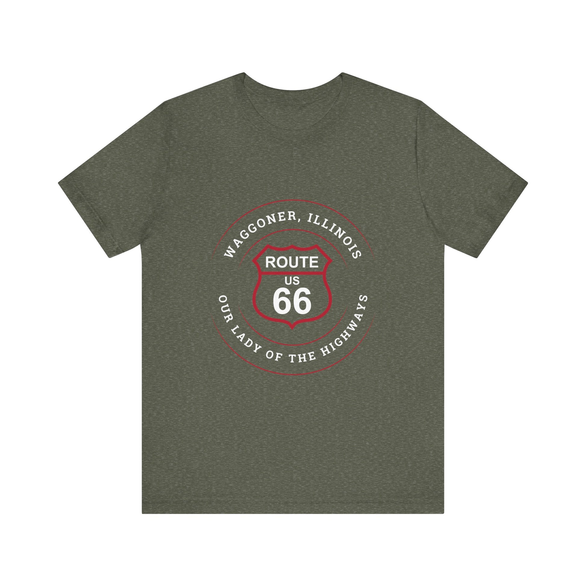 Heather military green retro Route 66 unisex jersey tee with Waggoner, IL:: "Our Lady of the Highways" design
