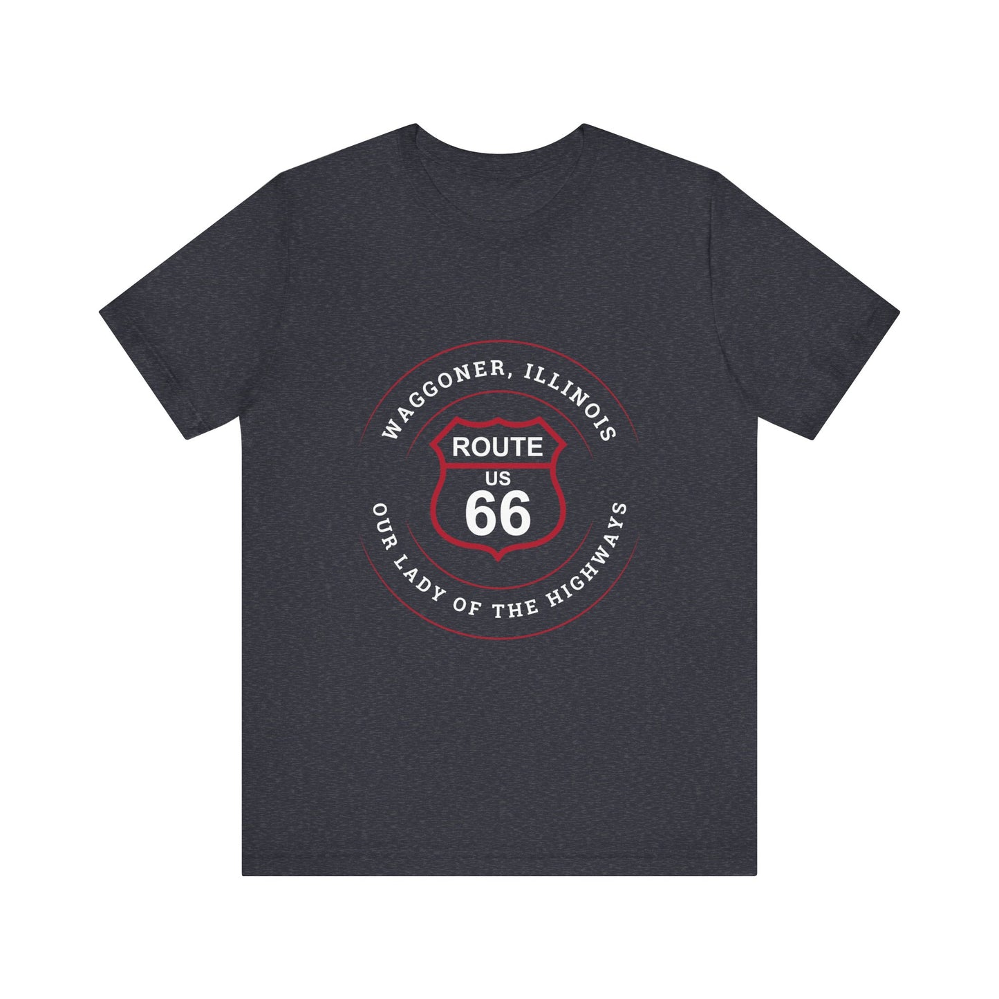 Heather navy retro Route 66 unisex jersey tee with Waggoner, IL:: "Our Lady of the Highways" design