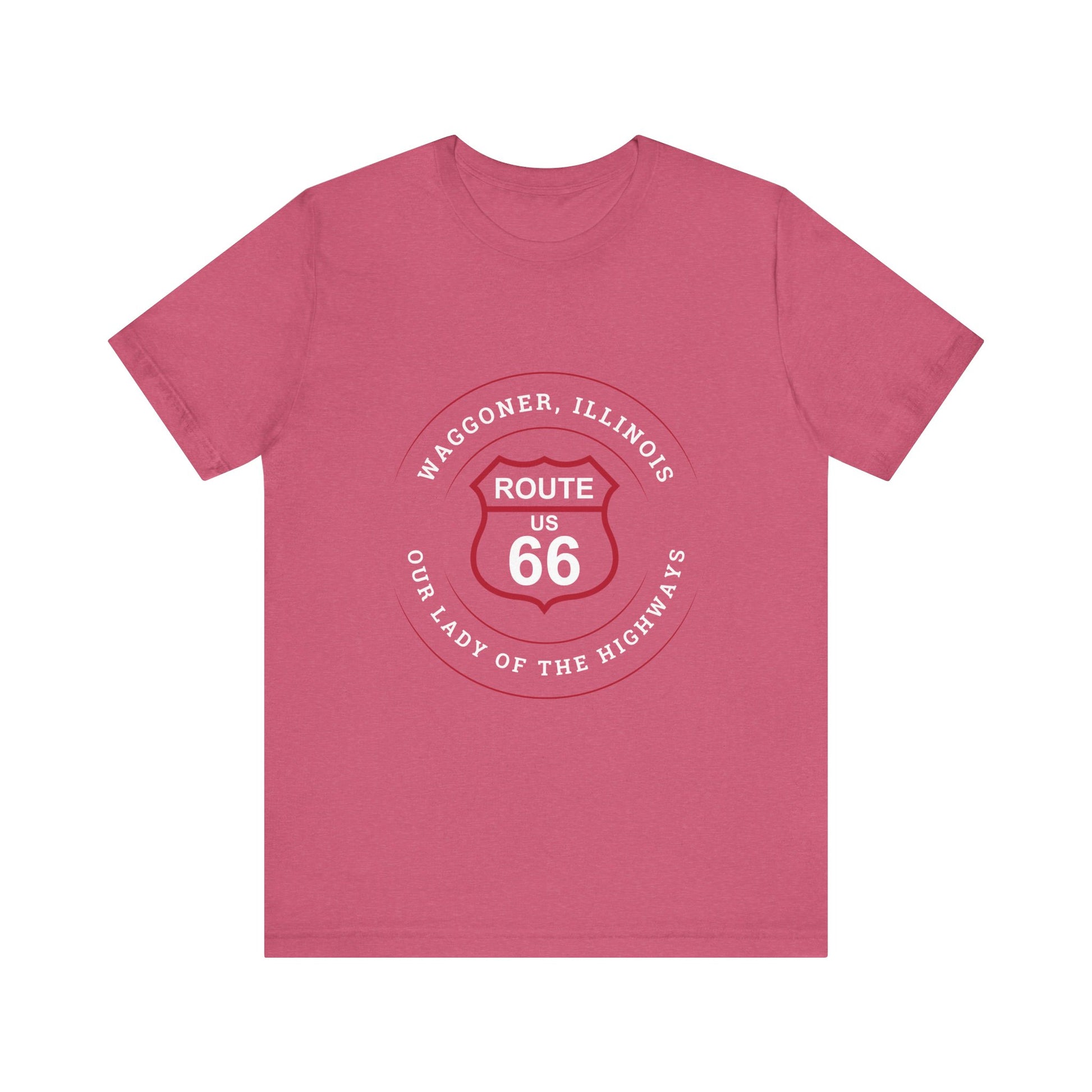 Heather raspberry retro Route 66 unisex jersey tee with Waggoner, IL:: "Our Lady of the Highways" design