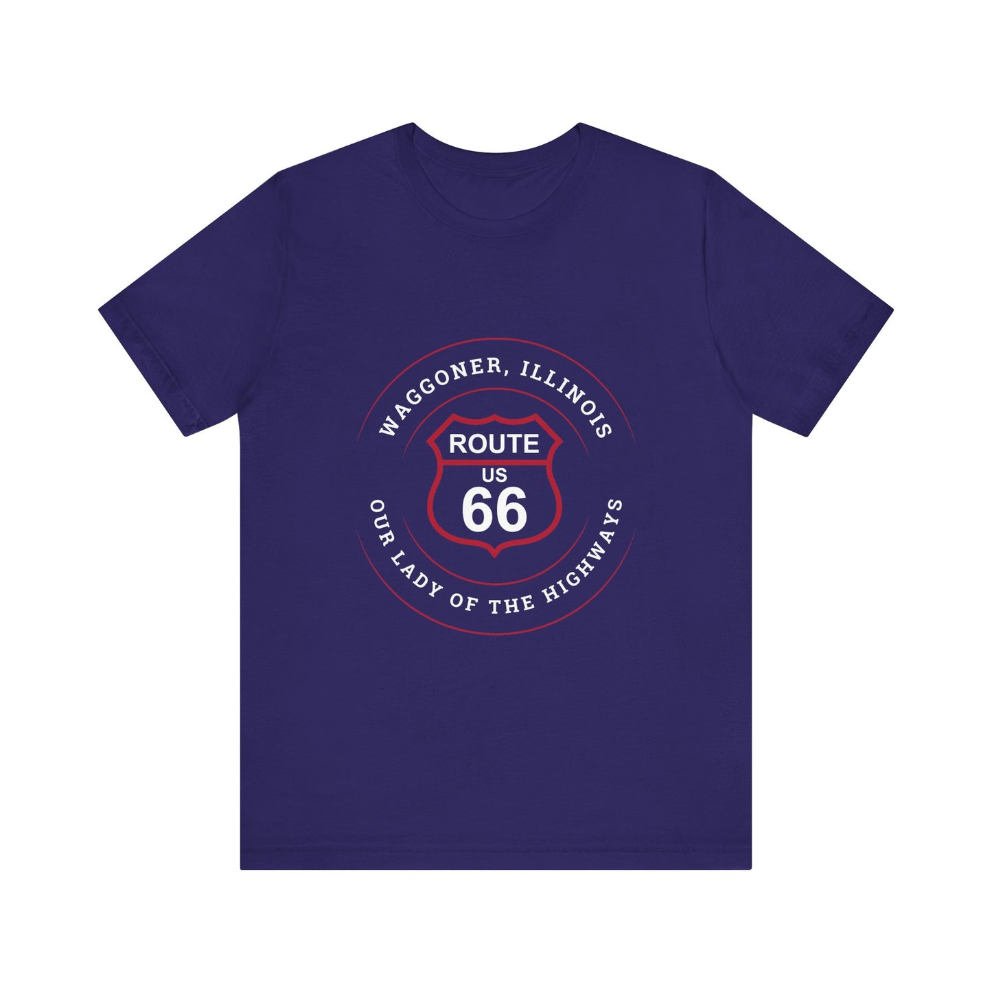 Team navy retro Route 66 unisex jersey tee with Waggoner, IL:: "Our Lady of the Highways" design