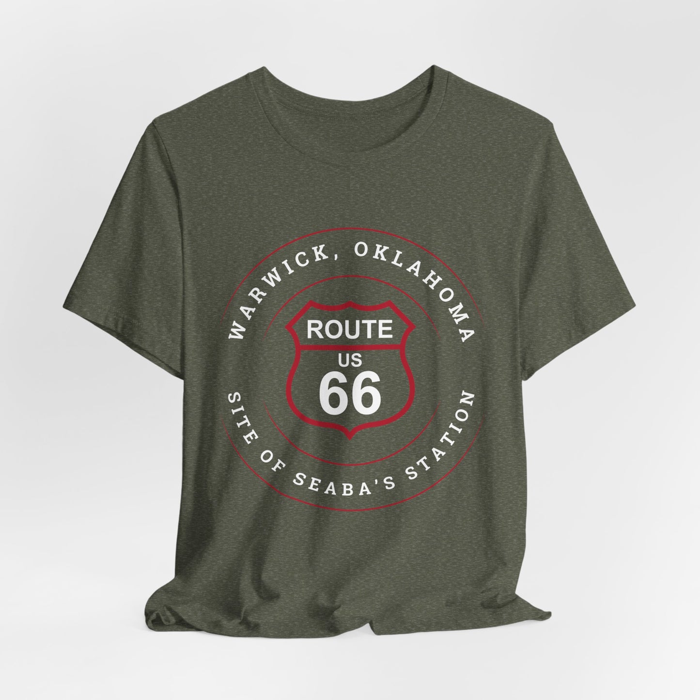 Heather military green retro Route 66 unisex jersey tee with Warwick, OK "Site of Seaba's Station" design
