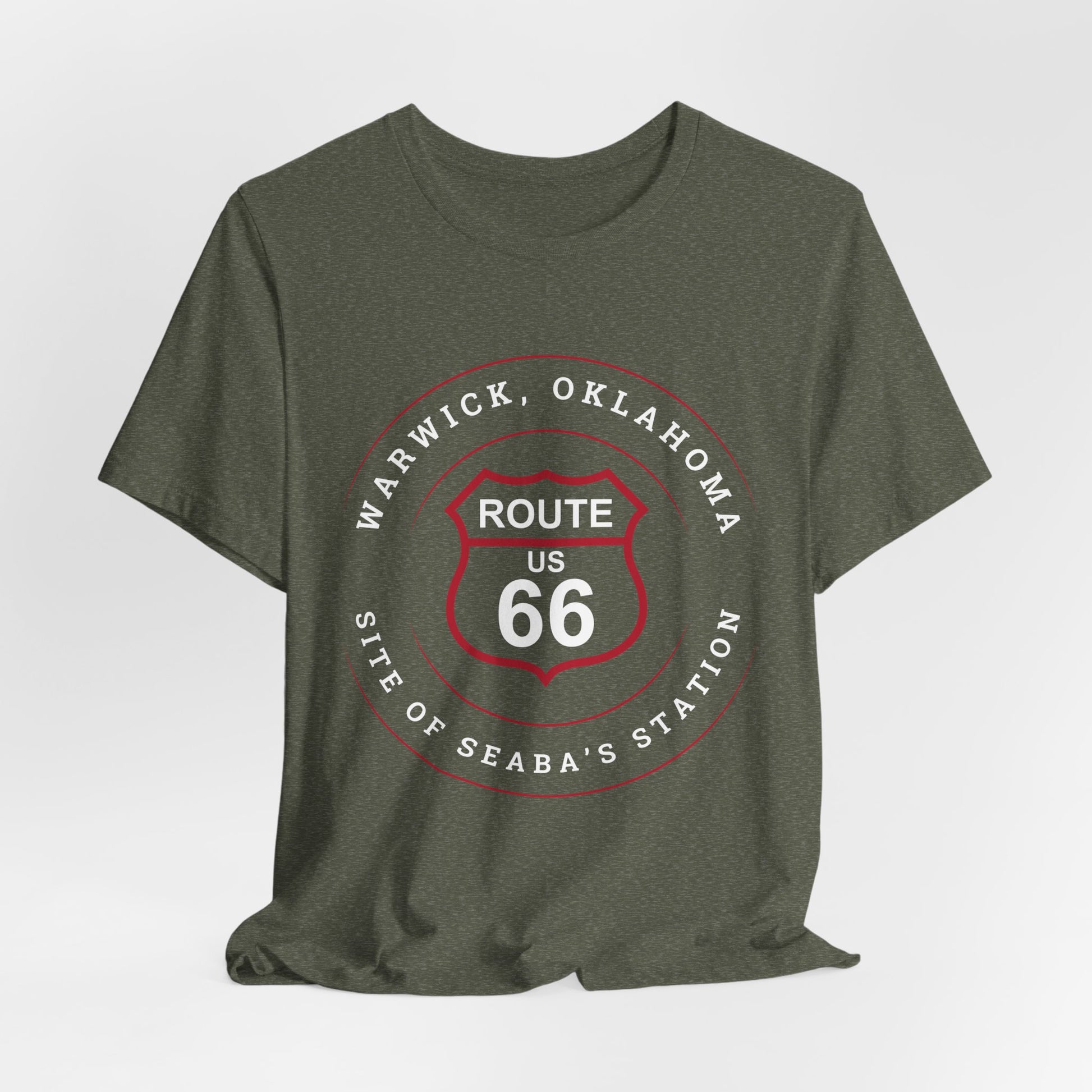 Heather military green retro Route 66 unisex jersey tee with Warwick, OK "Site of Seaba's Station" design