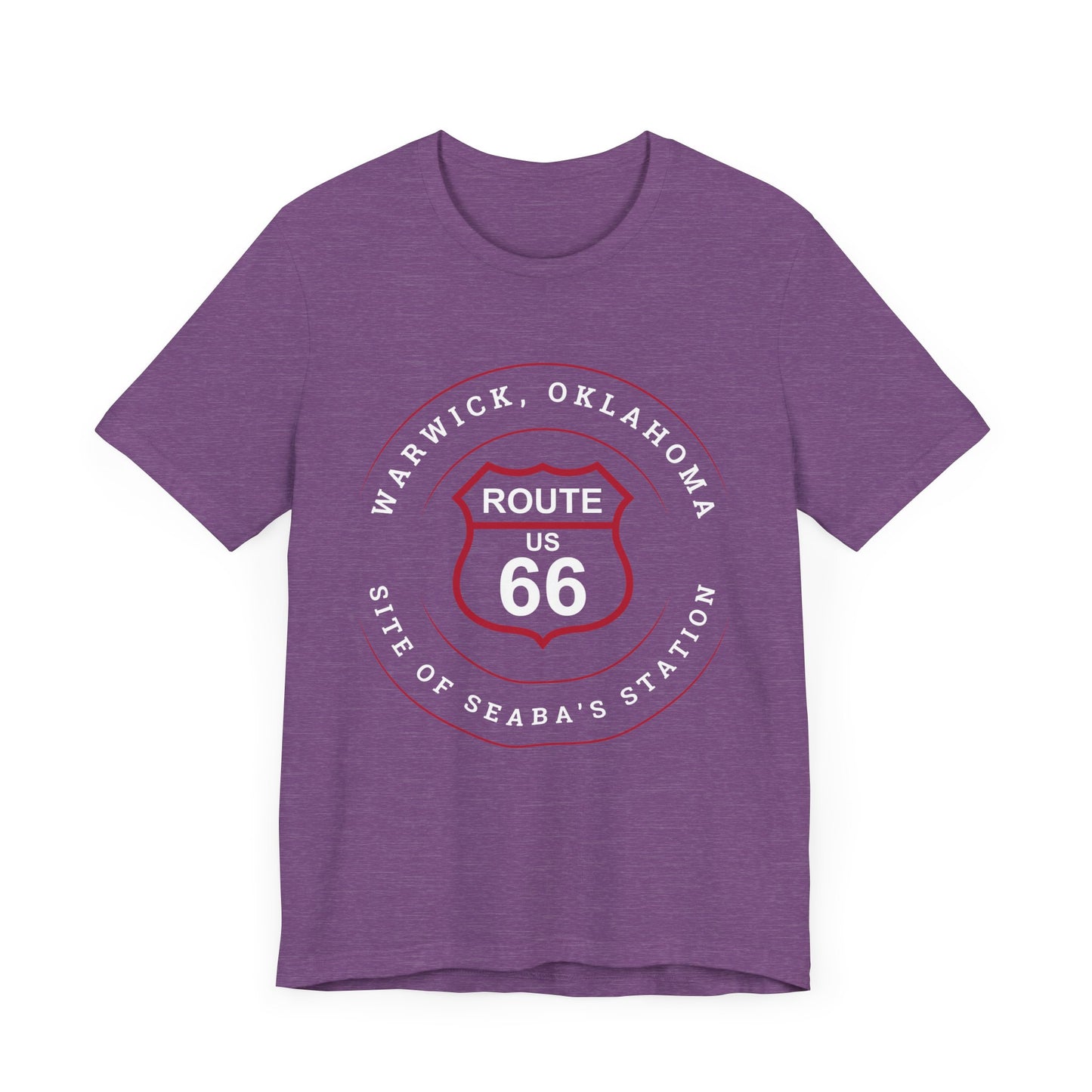 Heather team purple retro Route 66 unisex jersey tee with Warwick, OK "Site of Seaba's Station" design