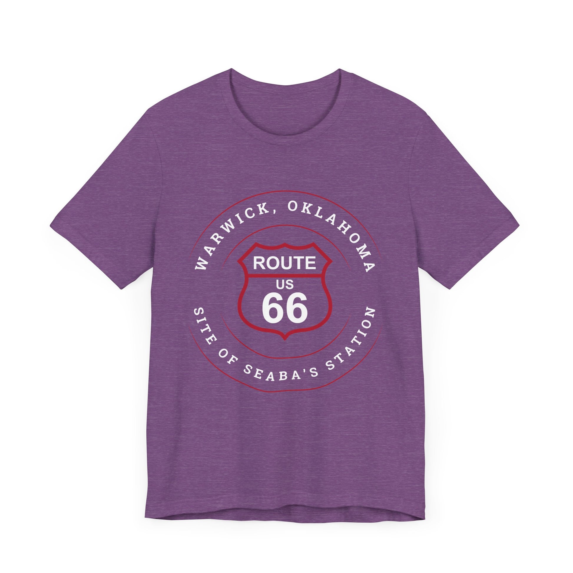 Heather team purple retro Route 66 unisex jersey tee with Warwick, OK "Site of Seaba's Station" design