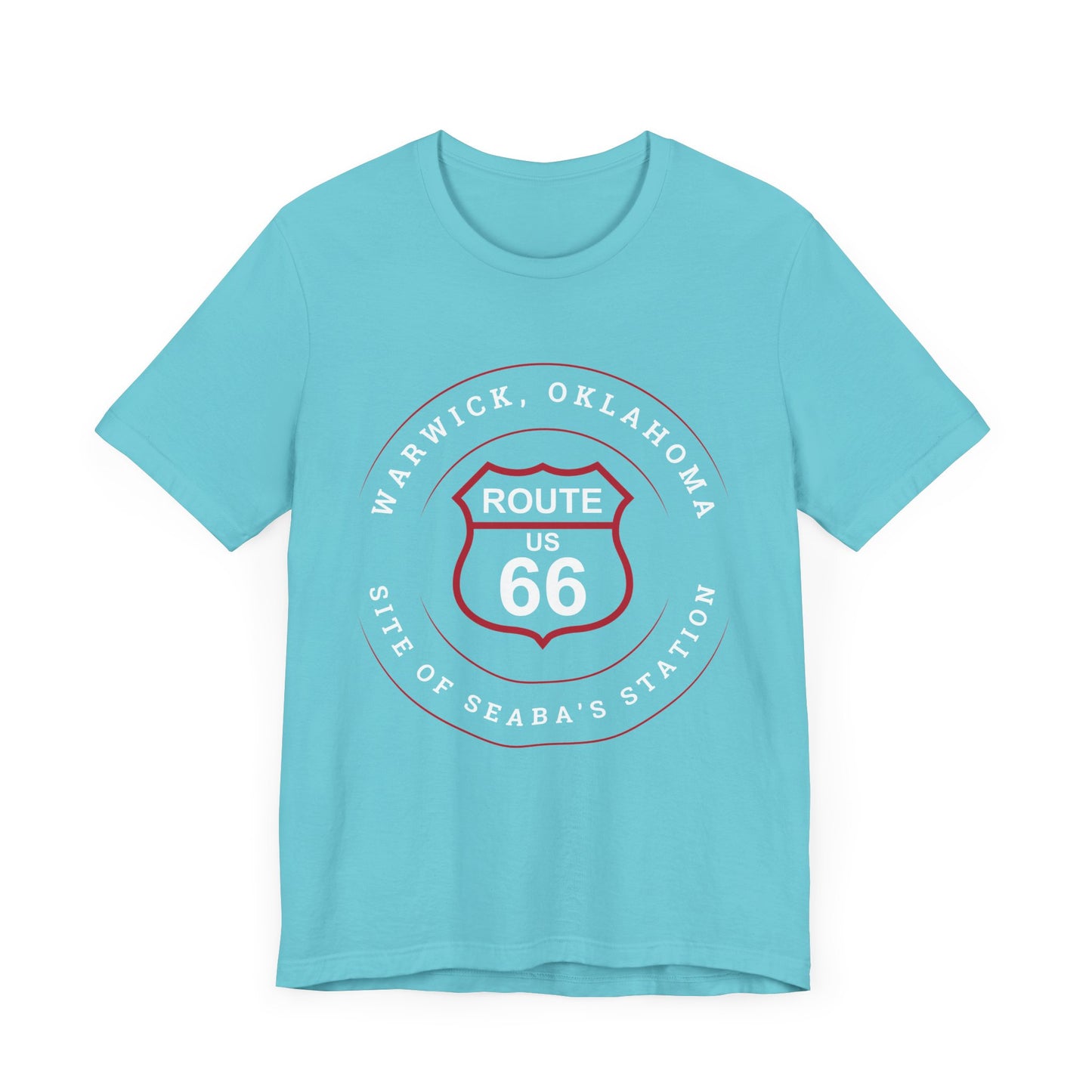 Turquoise retro Route 66 unisex jersey tee with Warwick, OK "Site of Seaba's Station" design