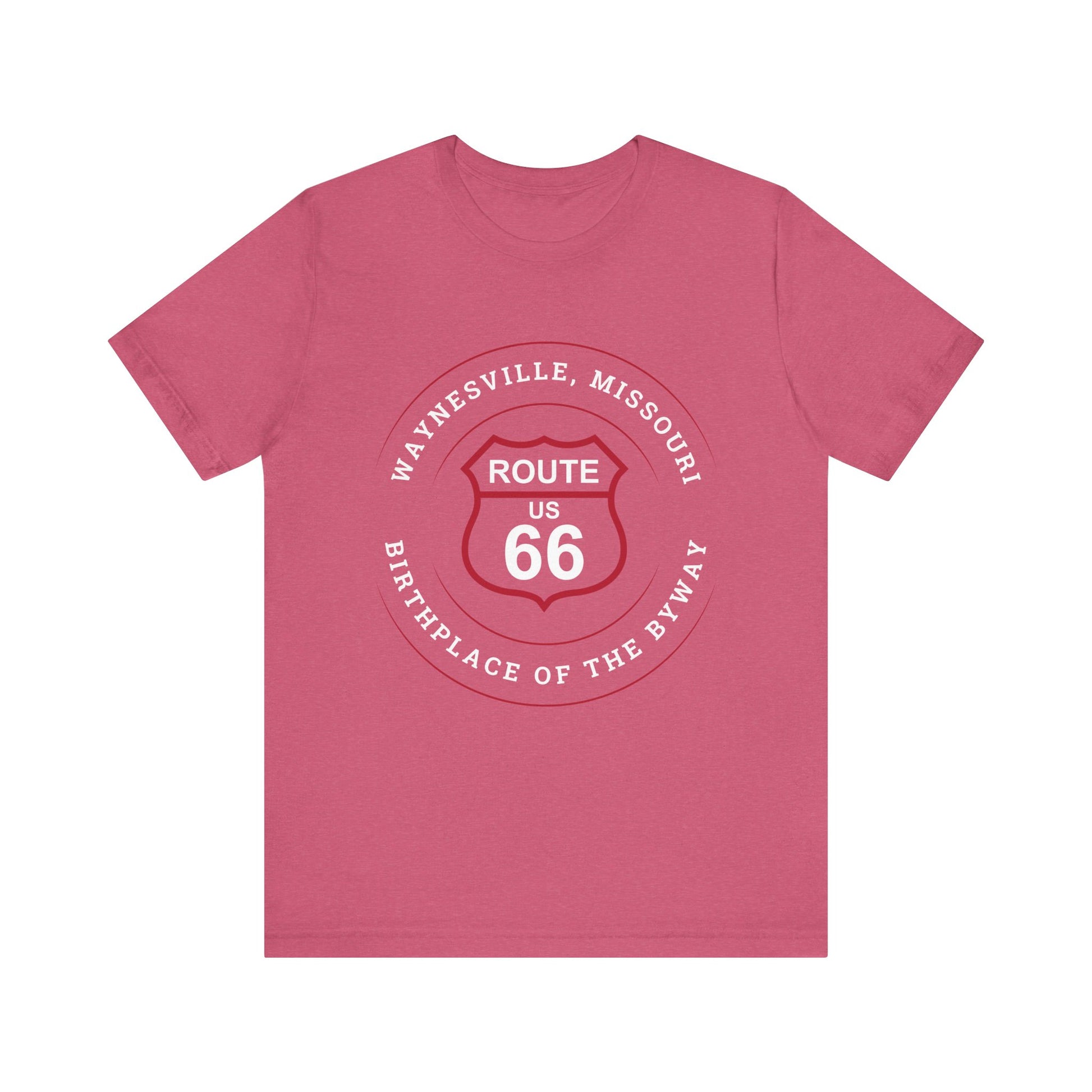 Heather raspberry retro Route 66 unisex jersey tee with Waynesville, MO: "Birthplace of the Byway" design