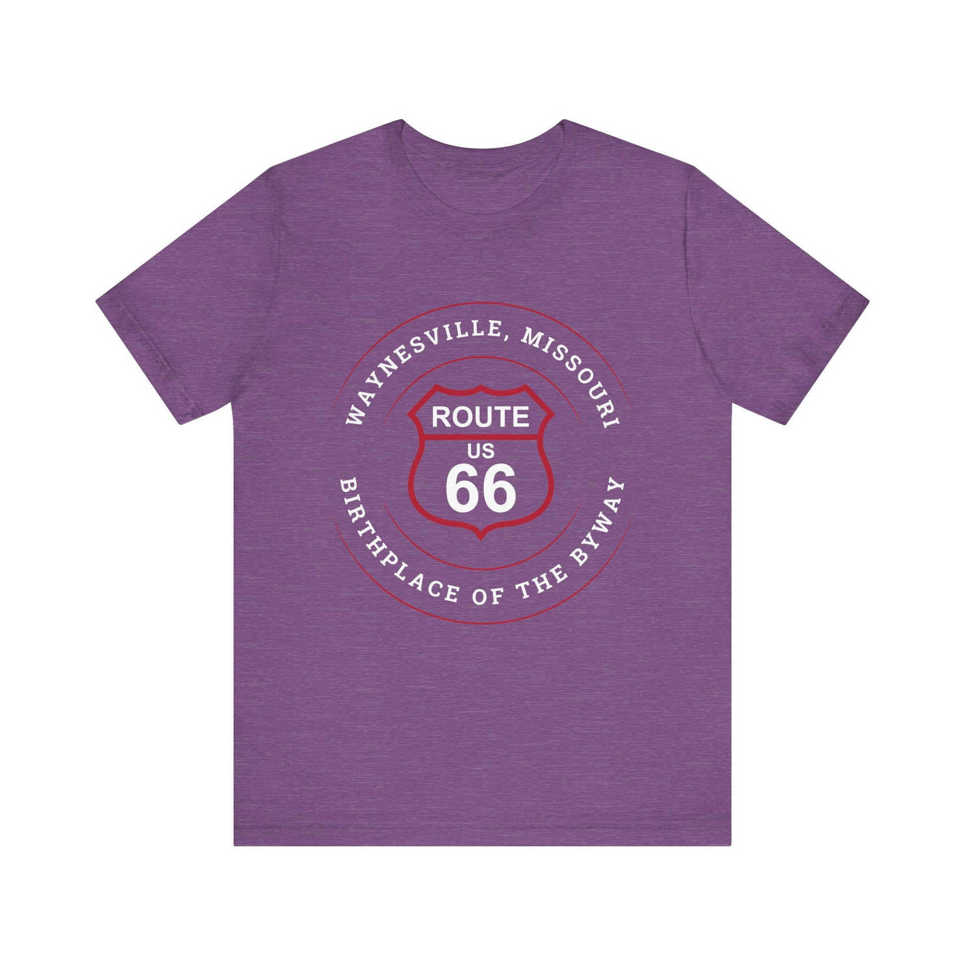 Heather team purple retro Route 66 unisex jersey tee with Waynesville, MO: "Birthplace of the Byway" design