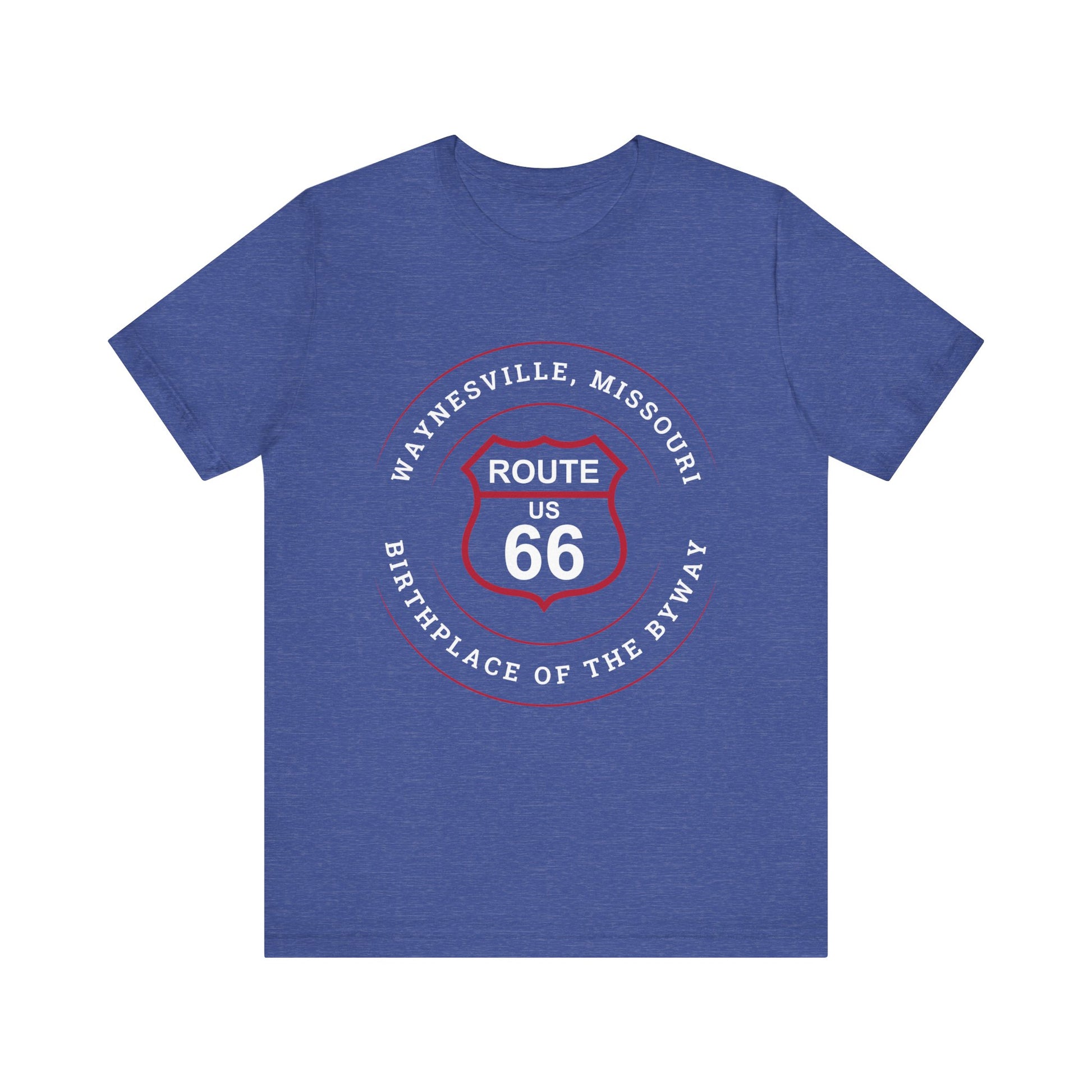Heather true royal retro Route 66 unisex jersey tee with Waynesville, MO: "Birthplace of the Byway" design